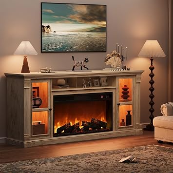 Farmhouse Fireplace TV Stand Up to 80" TVs, 70" Modern Highboy Entertainment Center with 36" Electric Fireplace & LED Lights, Media Console with Adjustable Shelves for Living Room, Antique Brush Gray