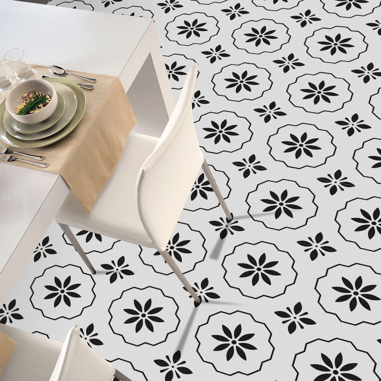 Alwayspon Vinyl Floor Tiles Sticker, Waterproof Non-slip Splashback Thicken PVC Vinyl Flooring Tiles, Self-adhesive Peel and Stick, 12inchx12inch/30x30cm, Black and White flower