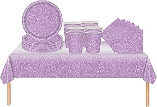 53Pcs Purple Party Tableware Decorations for Boys Girls Party Decor,Soild Shinny Golden Birthday Party Table Cloth, Paper Plates 7inch Cups Napkins for Kids Birthday Party Favor