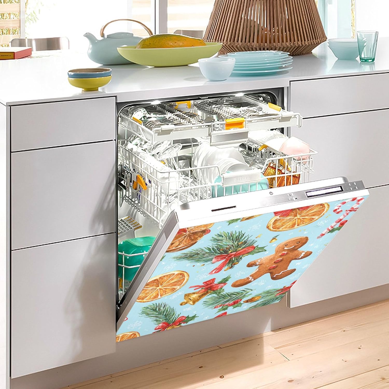 Christmas Vintage Dishwasher Magnetic Cover Gingerbread Man Dishwasher Sticker Dish Washer Panel Decal for Home Kitchen Decorative Fridge Wash Machine Magnet