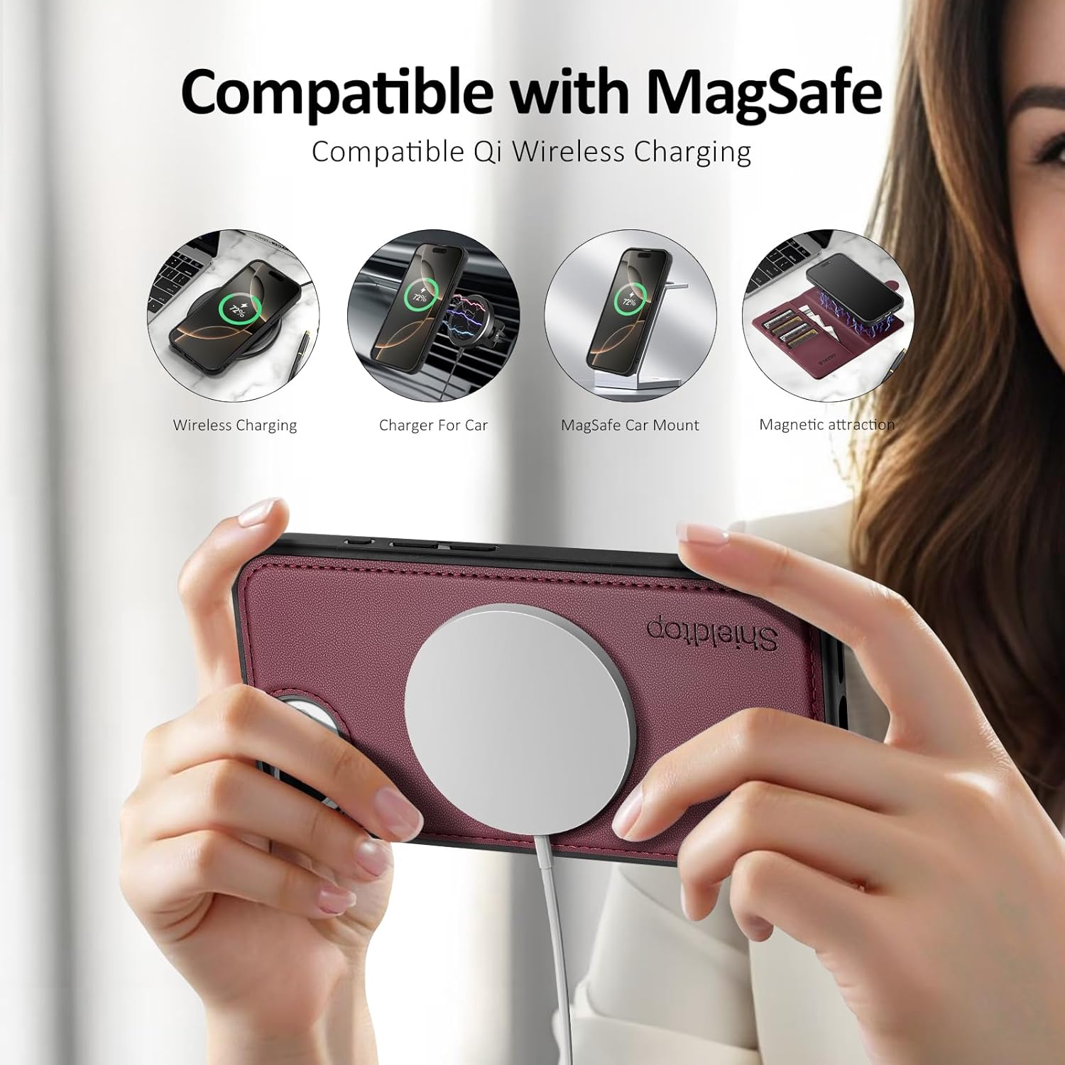 Shieldtop Compatible with Magsafe Magnetic 2 in 1 Detachable iPhone 17e / 16e Wallet Case with Card Holder Credit Card Slots Men Women,PU Leather RFID Blocking Flip Kickstand for Apple 17e,Wine Red