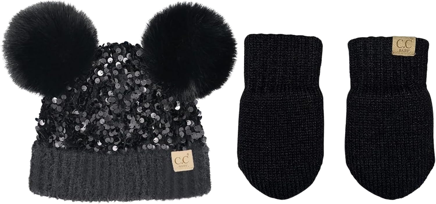 Funky Junque Matching 2 Pack Infant Double Pom Sequin Beanie & Baby Mittens - Black