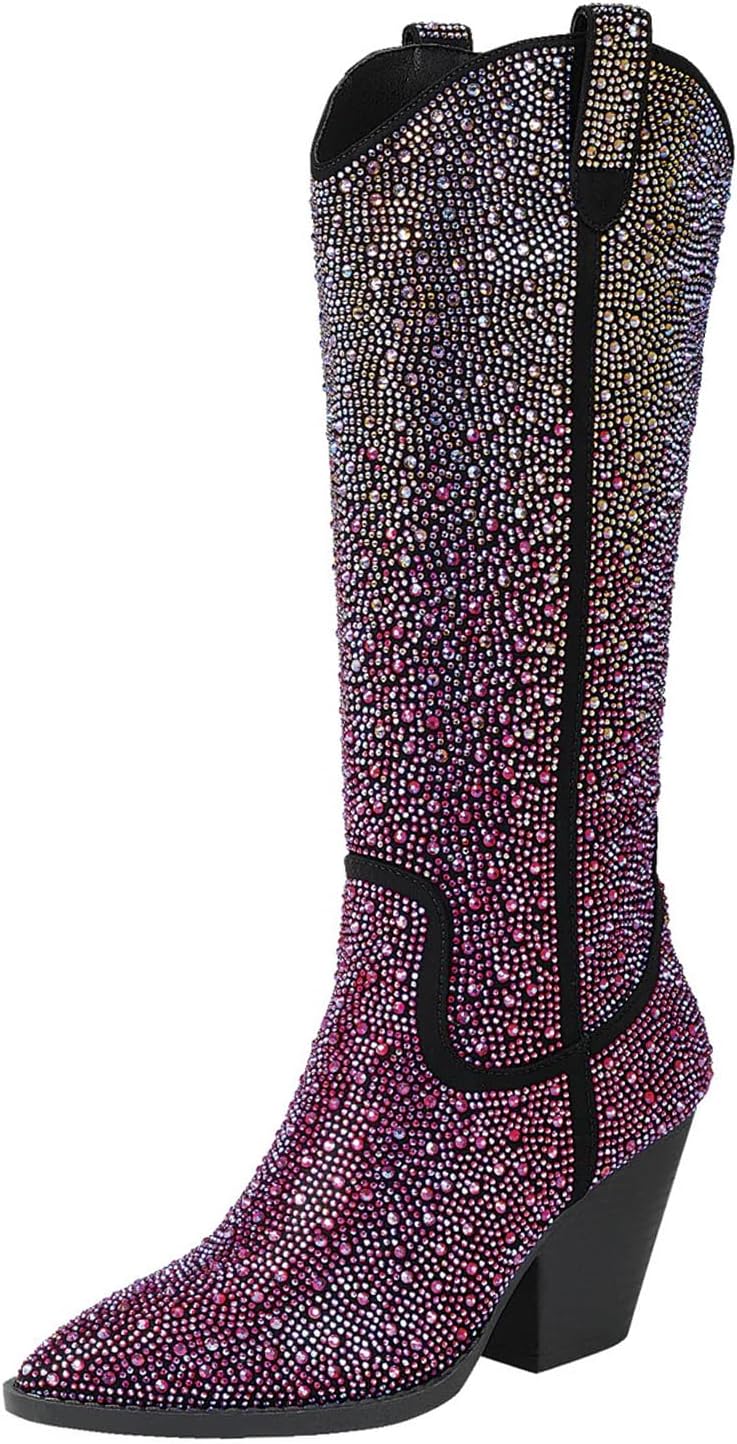 Forever Link Womens Pointed Toe Western Cowgirl Rhinestone Crystal Block Heel Mid Calf Boots