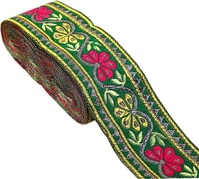 Jacquard Ribbon Geometric Emobridered Woven Ribbon Metallic Fabric Trim Fringe for DIY Clothes Pillow Straps Embellishment Decorations Width 2inch by 7 Yards Floral Butterfly Green