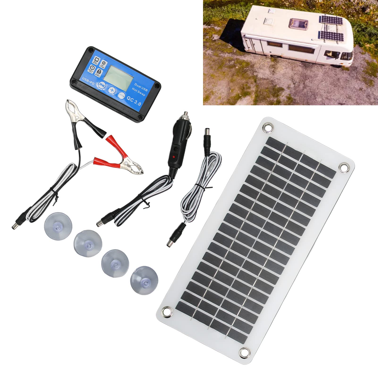 Zestaw Paneli Słonecznych 12V 30W, Przenośny Panel Słoneczny, Przenośny moduł Słoneczny z Kontrolerem Stała Przyssawka, do Pojazdu Rekreacyjnego Samochód Statek Kempingowy dla RV