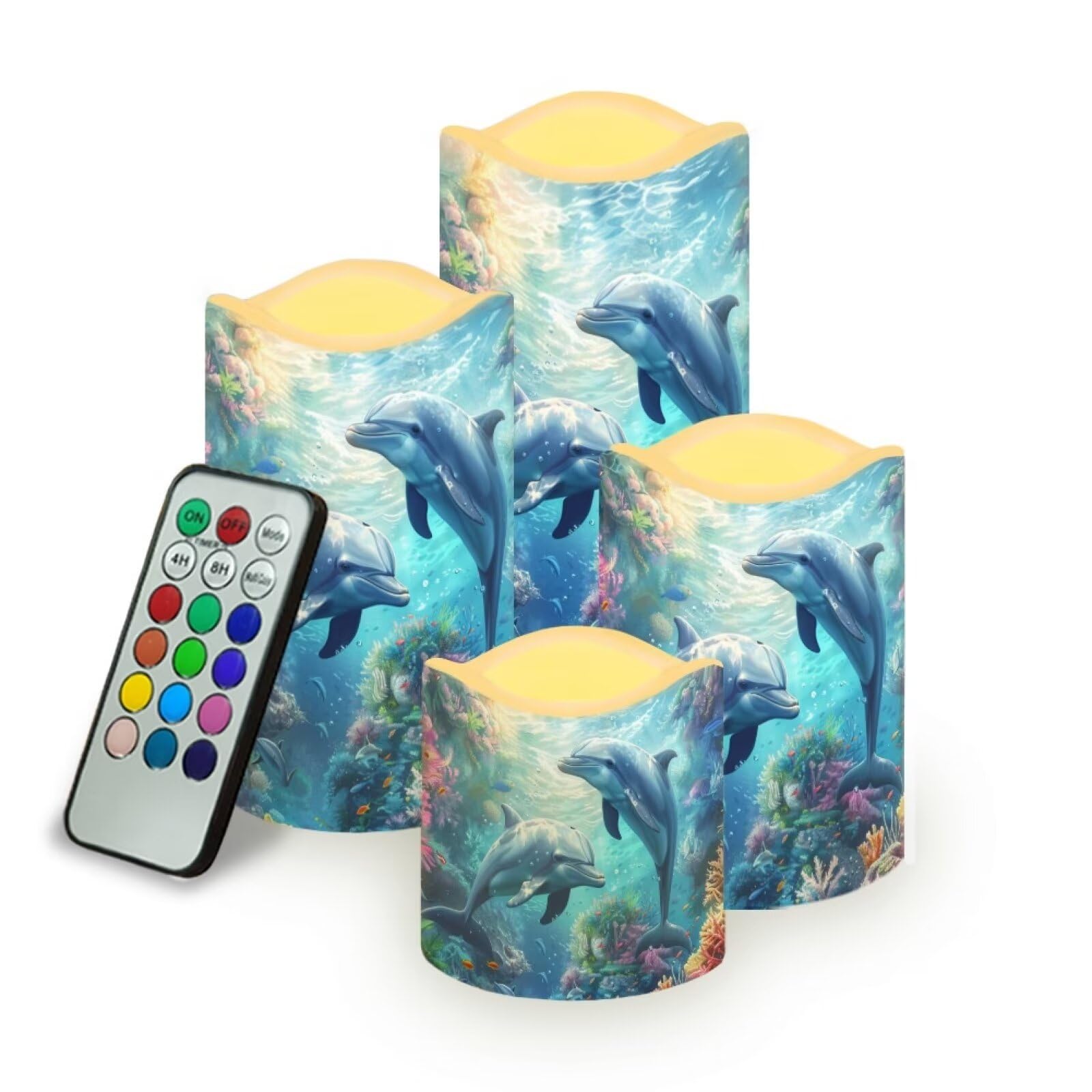 Sea Dolphin Flameless Candles with Remote Color Changing Battery Operated Pillar Candles with Flickering Flame Electric Fake Plastic Candles Tea Light Living Room Dining Table Decor