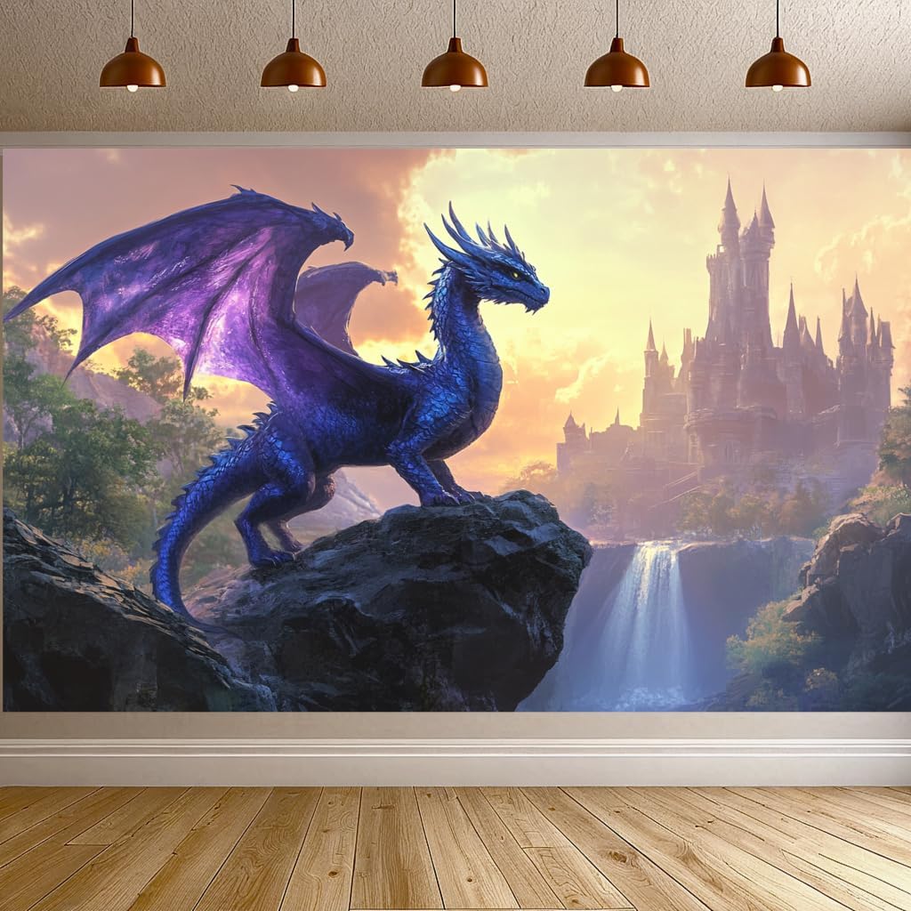 Dragon Party Decorations, Medieval Purple Dragon Banner Backdrop Fantasy Creature Castle Banner Wall Hanging for Men Boys Bedroom Birthday Party Poster Backdrop College Dorm Indoor Outdoor Decor