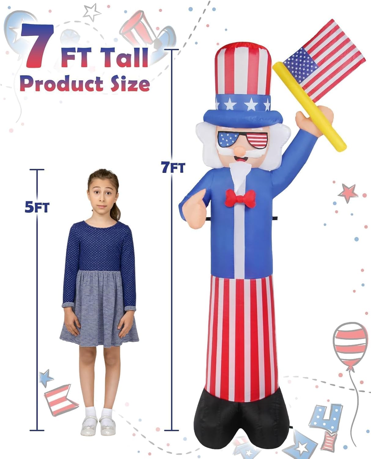 Gardentime 4th of July Patriotic Inflatable Decoration 7FT Lighted Blow Up Uncle Sam Independence Day Holiday Party for Outdoor Indoor Home Garden Yard Lawn Patio Decor