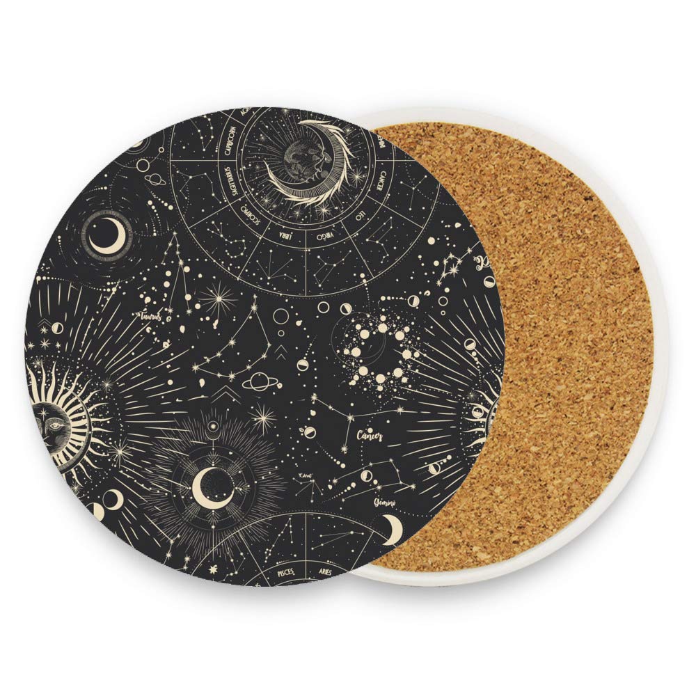 Set Di 4 Sottobicchieri In Ceramica Con Segni Zodiacali Luna E Sole – Assorbenti Con Base In Sughero, Diametro 10,2 Cm