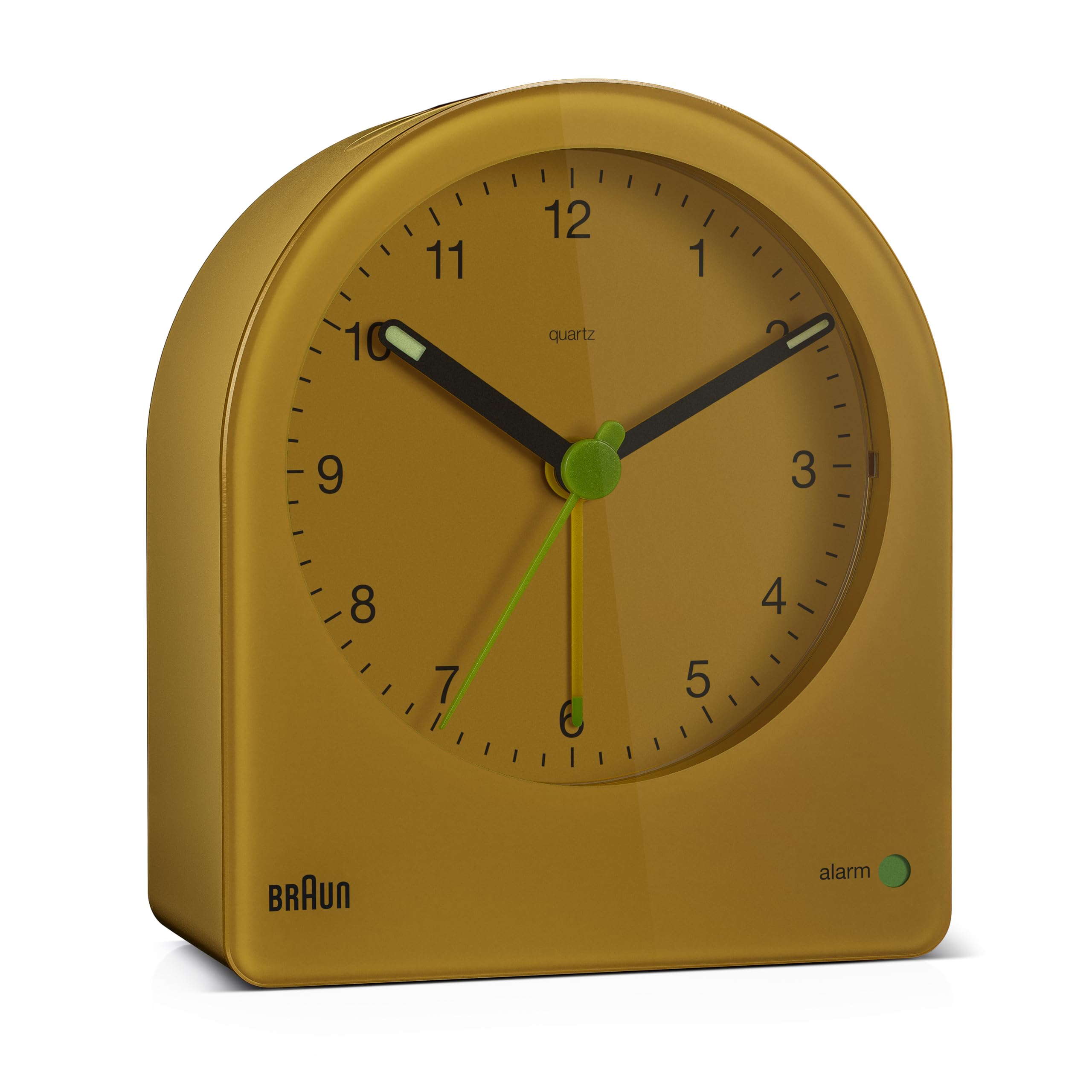 Braun Klassischer analoger Wecker mit Schlummerfunktion und kontinuierlicher Hintergrundbeleuchtung,leisem Quarzwerk, anschwellendem Alarm-Piepton in Gelb, Modell BC22Y