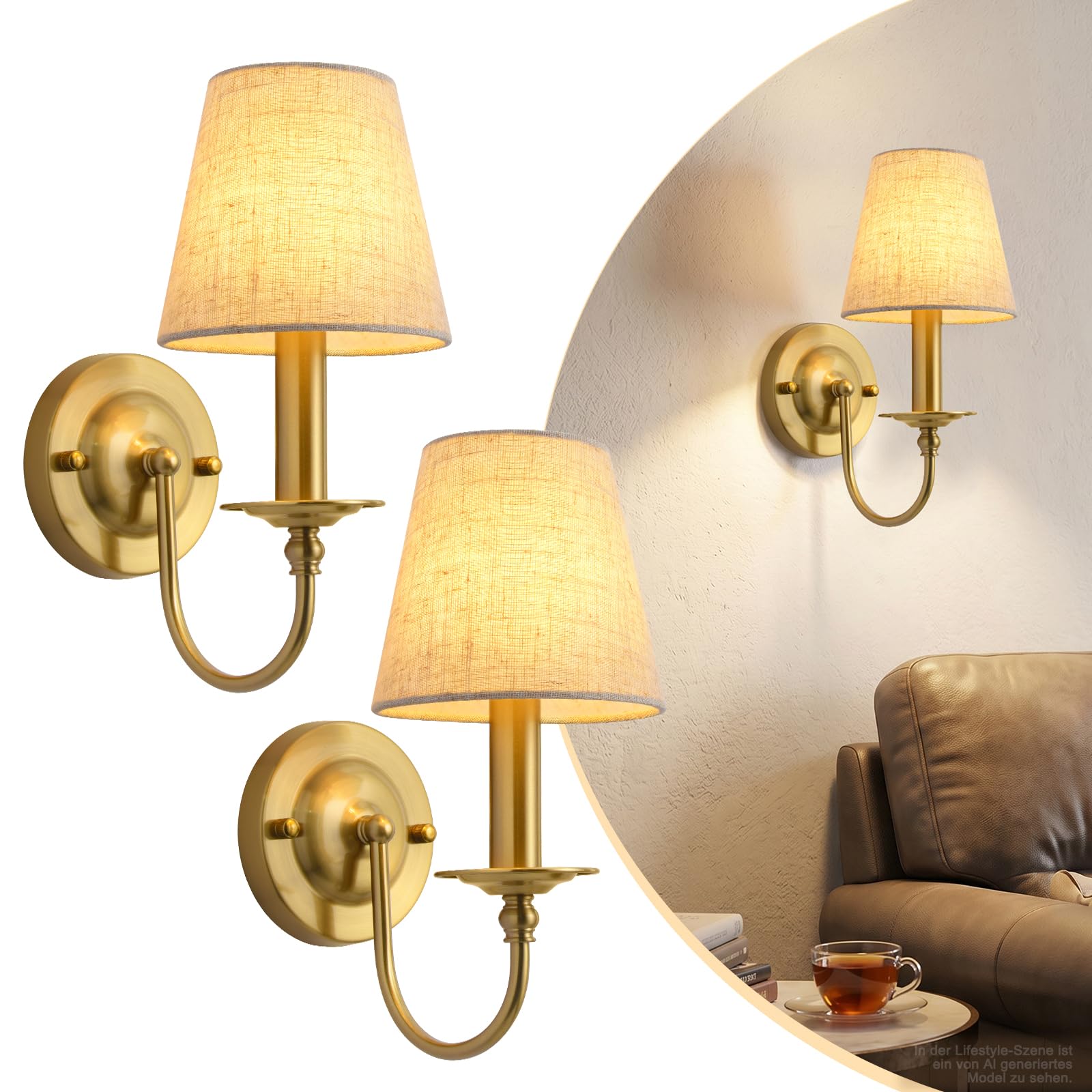 Wandleuchte Gold, 2 Stück Wandlampe Innen, E14 Wandlampen Gold mit Stoffschirm, Wandleuchten Vintage Feste Verkabelung für Flur, Treppenhaus, Wohnzimmer, Schlafzimmer