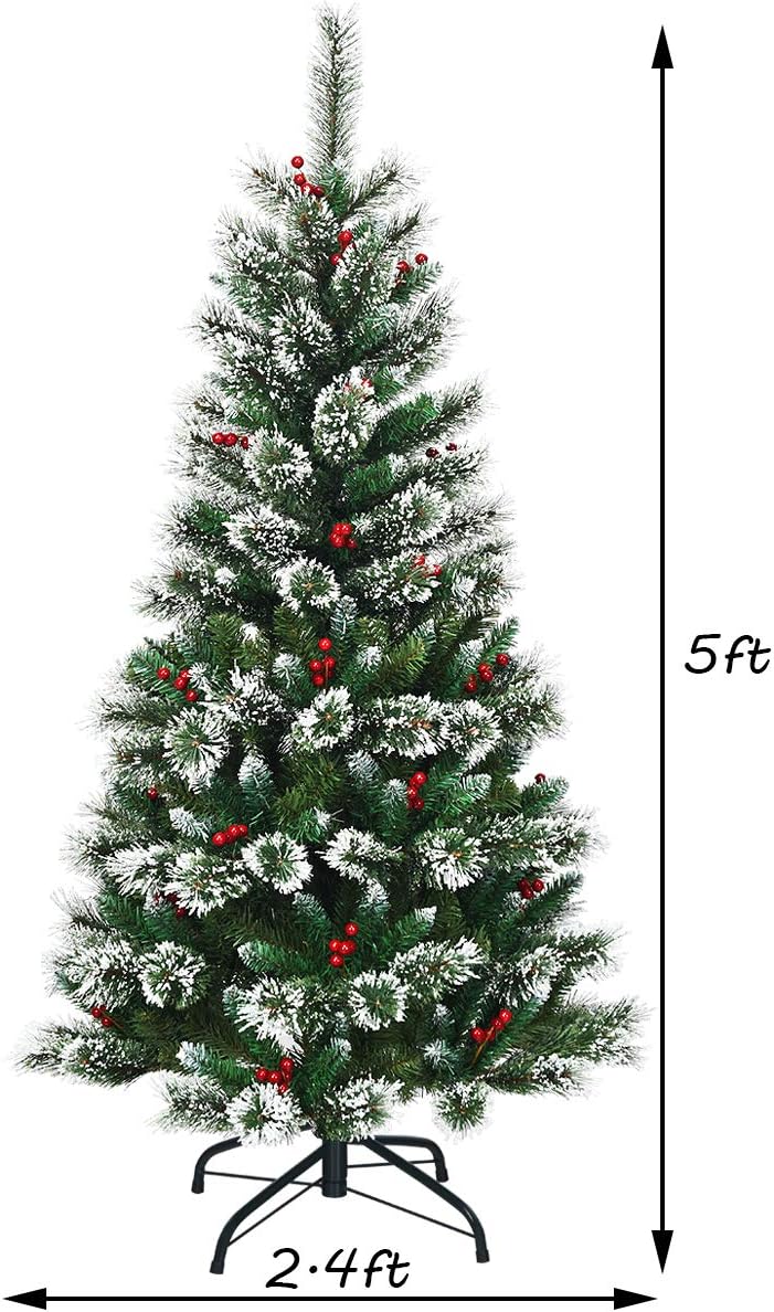Goplus 5ft Snow Flocked Pencil Christmas Tree, Premium Hinged Slim Tree, with Mixed Pine Needles, Red Berries and Metal Base, 100% New PVC Material, for Xmas Indoor and Outdoor Decor, Green