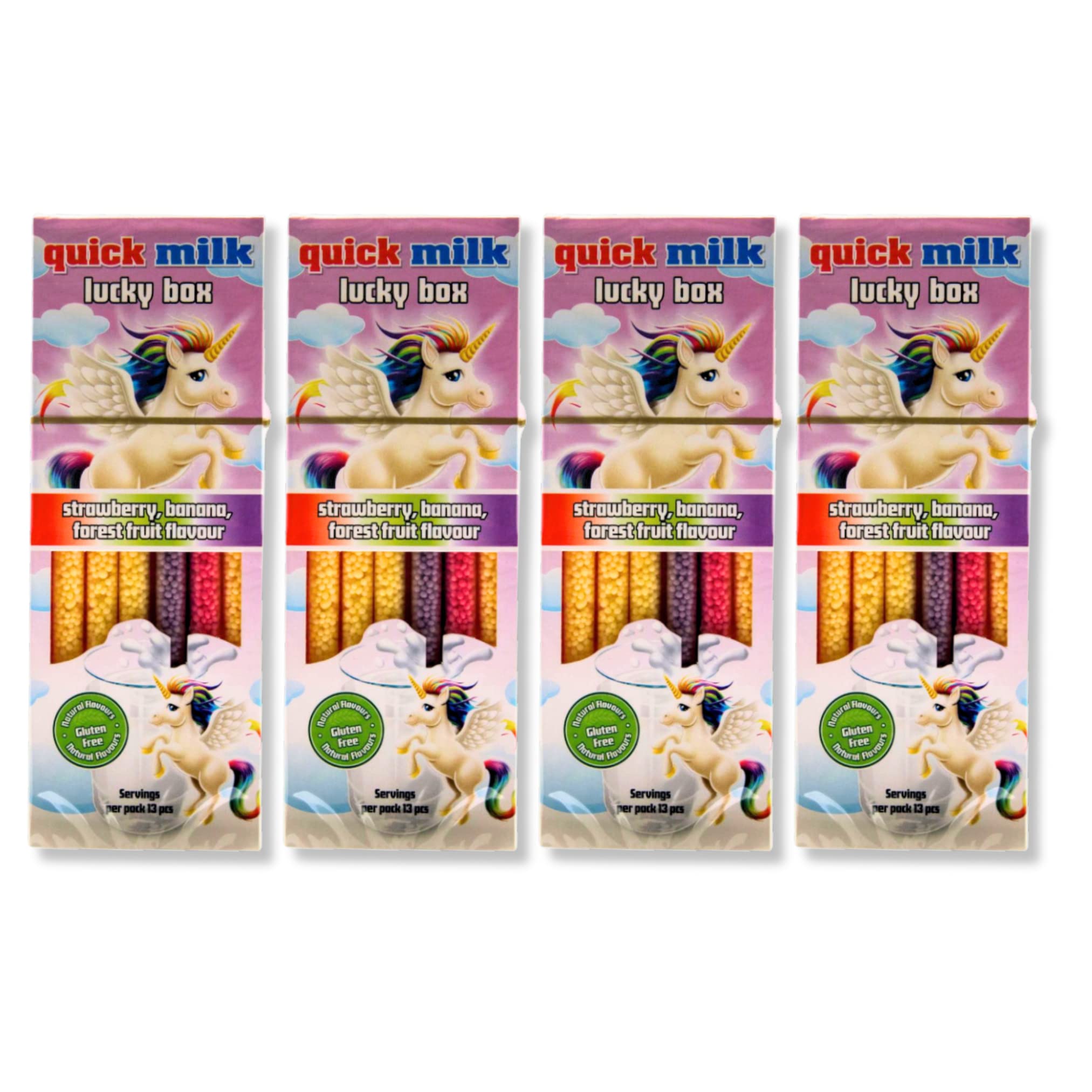 Quick Milk Lucky Box Unicorn Pack of 4 – Strawberry, Banana and Forest Fruit Flavoured Milk Straws for Instant Milkshake | Total of 52 Quick Milk Magic Sipper Straws by The Great British Kitchen