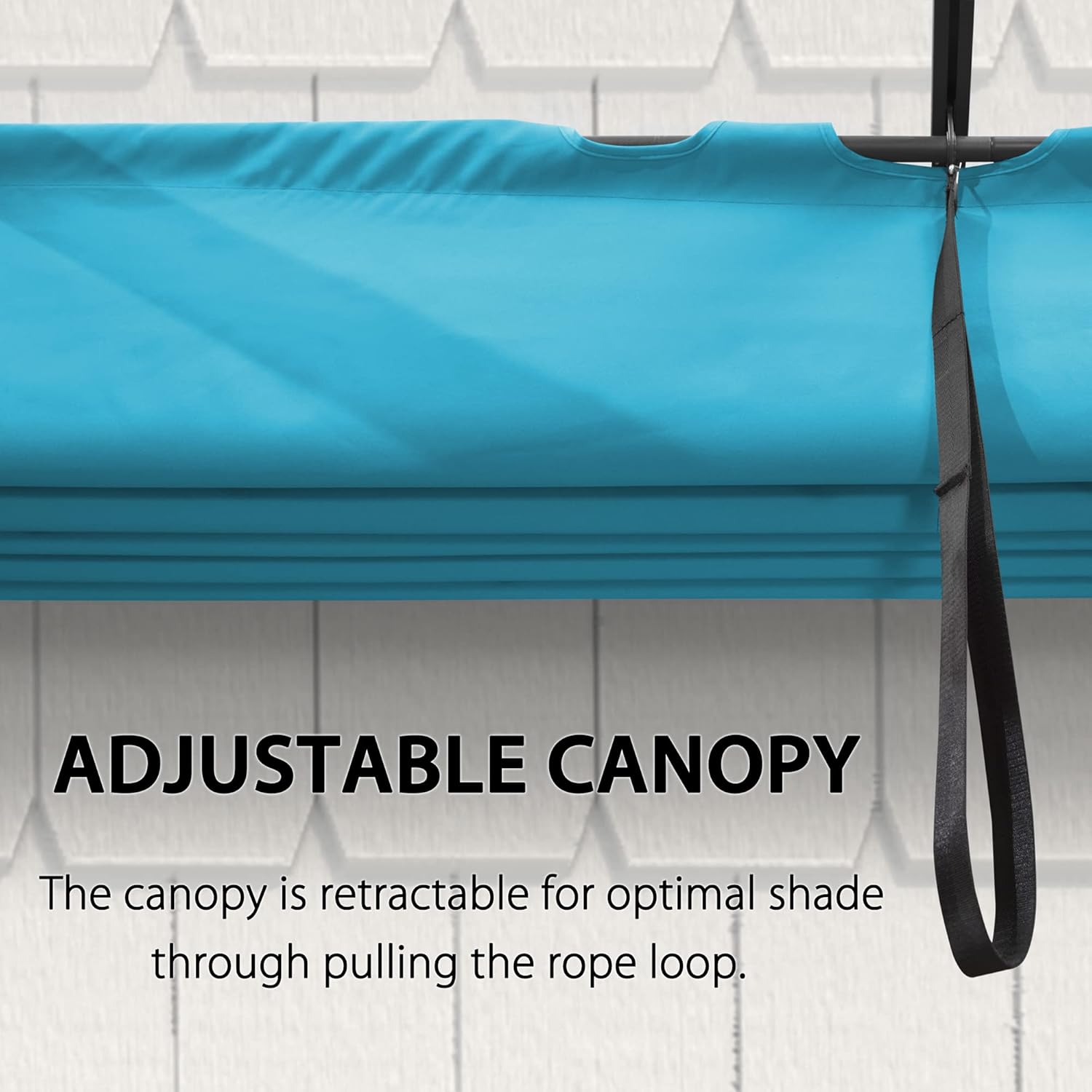Close-up of the pergola's turquoise blue canopy fabric, highlighting its texture and sun protection