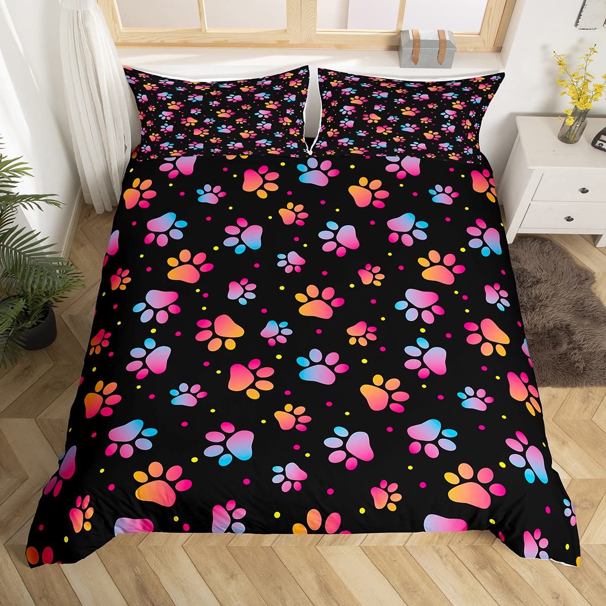 feelingyou Dog Paw Print Duvet Cover Set Double Size,Watercolor Gradient Puppy for Dog Lover Comforter Cover with 2 Pillowcases,Funny Pets Animal Bedding Set for Girls Teens Present Soft Microfiber