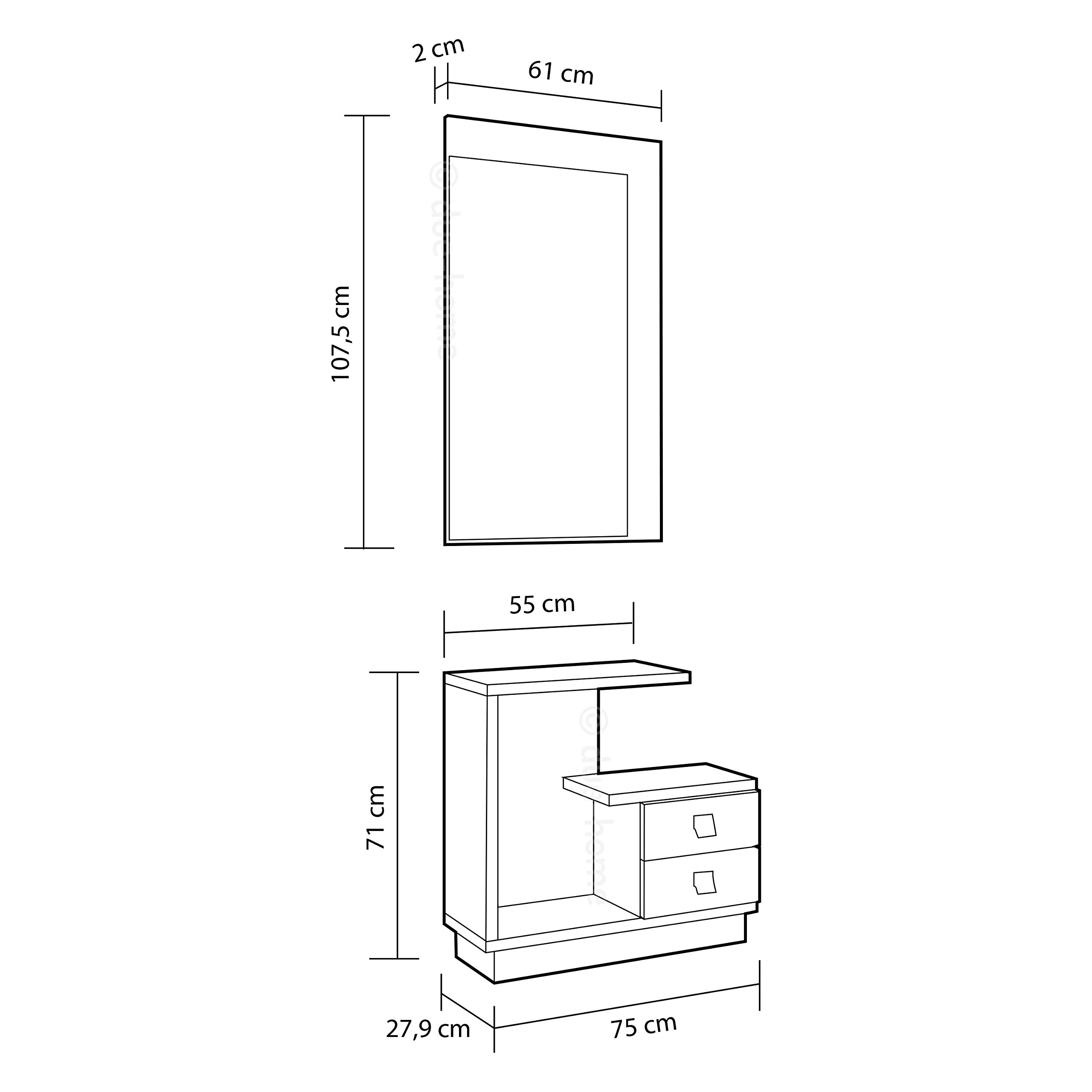 Recibidor con Espejo y 2 Cajones, Mueble de Entrada, Modelo Star, Acabado en Blanco y Nelson, Medidas: 75 cm Largo x 27.9 cm Fondo x 71 cm Alto
