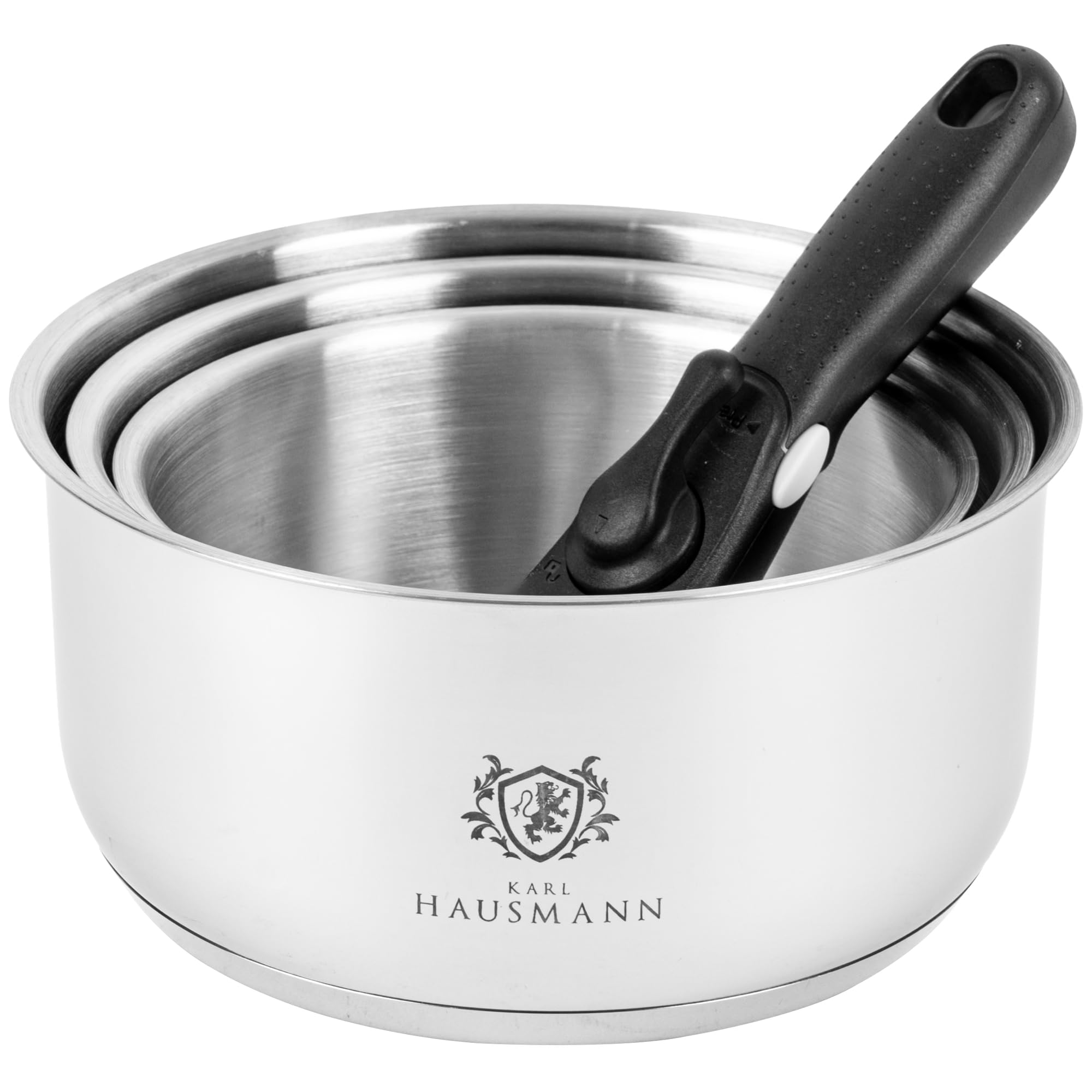 KARL HAUSMANN Juego de Ollas de Acero Inoxidable para Induccion - Set de 3 Batería Cocina con Mango Extraible, Fondo Multicapa, Apto para Gas y Vitrocerámica - Antiadherentes Cazos