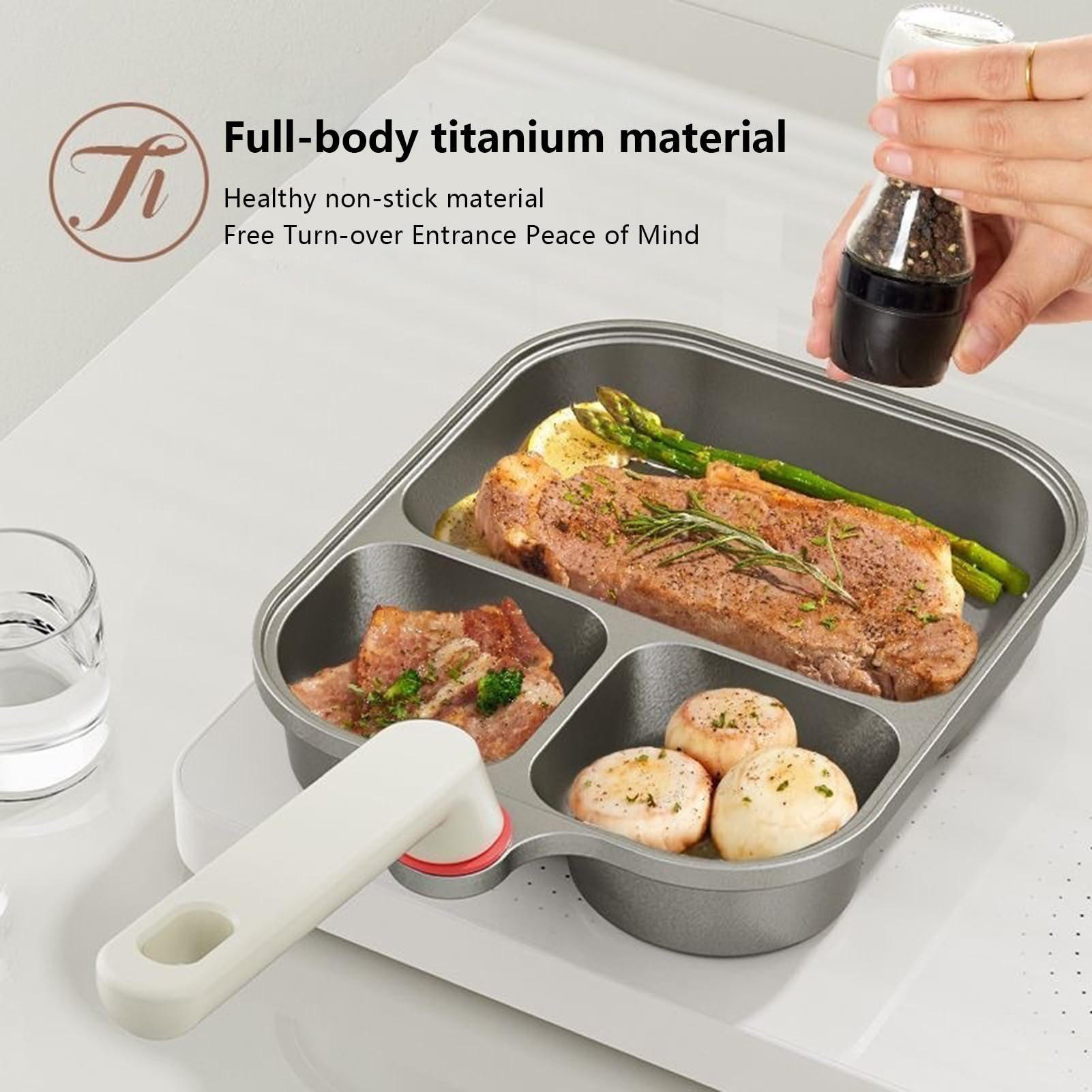 Generico Padella Uova Antiaderente Padella da Cucina a 3 Scomparti Multiuso | Tegamino Divisorio con Coperchio e Spatola in Silicone per Uova e Pancetta su Fornello
