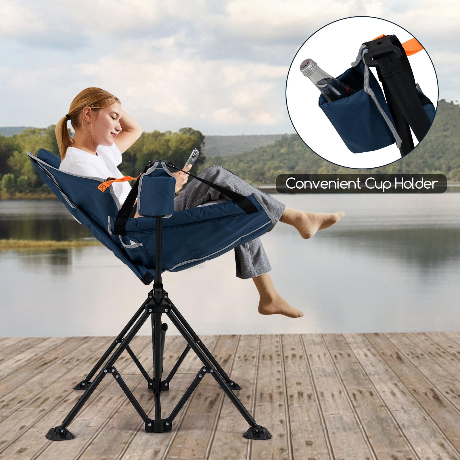 GOPLUS Chaise de Camping Hamac Portable, Chaise à Bascule Balancelle 90-150° avec Siège Rembourré et Appui-Tête, Dossier Réglable, Porte-Gobelet, Pliable pour Camping, 88 x 71 x 90 cm (Bleu)