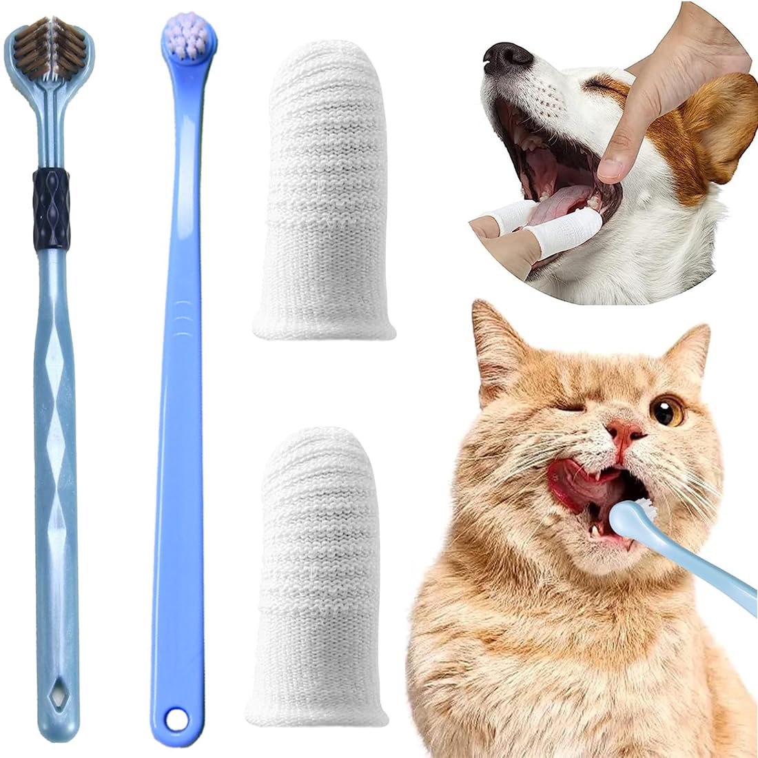 JEYORZY 4 Piezas Cepillos de Dientes para Perros, Cepillos de Dientes para Mascotas, Cepillos de Dientes Triple Cabezal, Cepillo de Dientes de Dedo, Limpieza Bucal, Cepillo de Dientes de Gato Pequeños
