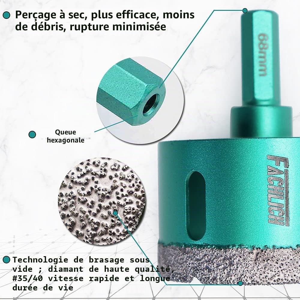 Forets Diamant 68mm Trépans de Forage avec tige Hexagonale pour Perçage à sec en Porcelaine Carrelage Granit Marbre