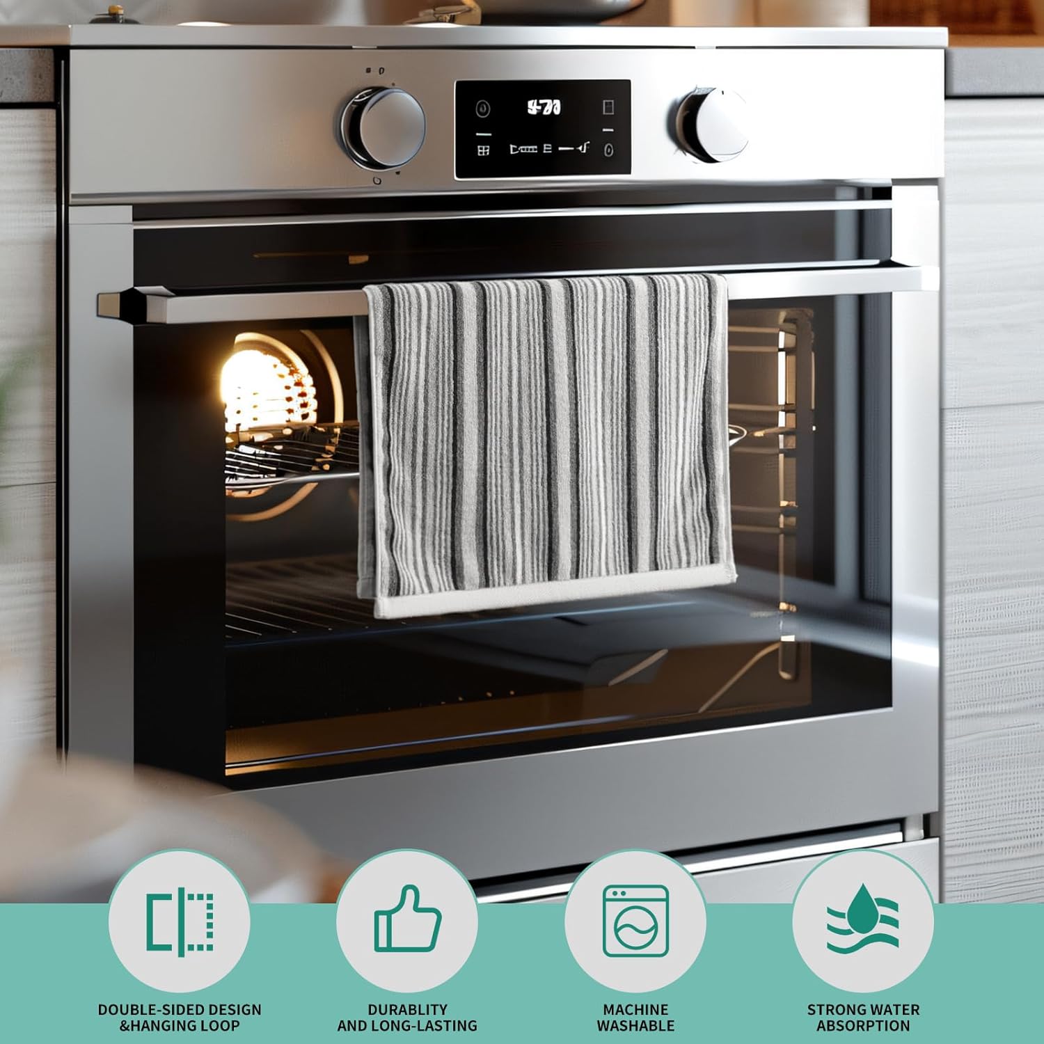 SALAS Premium Cotton Kitchen Dish Towels for Drying Dishes,Large Long Kitchen Hand Towels, Thick Highly Absorbent Dish Clothes Tea Towel Sets with Hanging Loop, 16" X 26", 4 Pcs, Gray - Image 3