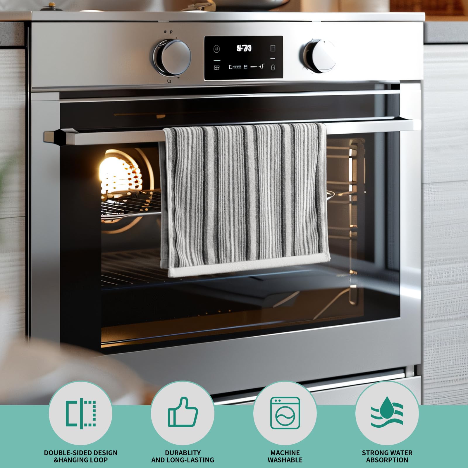 SALAS Premium Cotton Kitchen Dish Towels for Drying Dishes,Large Long Kitchen Hand Towels, Thick Highly Absorbent Dish Clothes Tea Towel Sets with Hanging Loop, 16" X 26", 4 Pcs, Gray