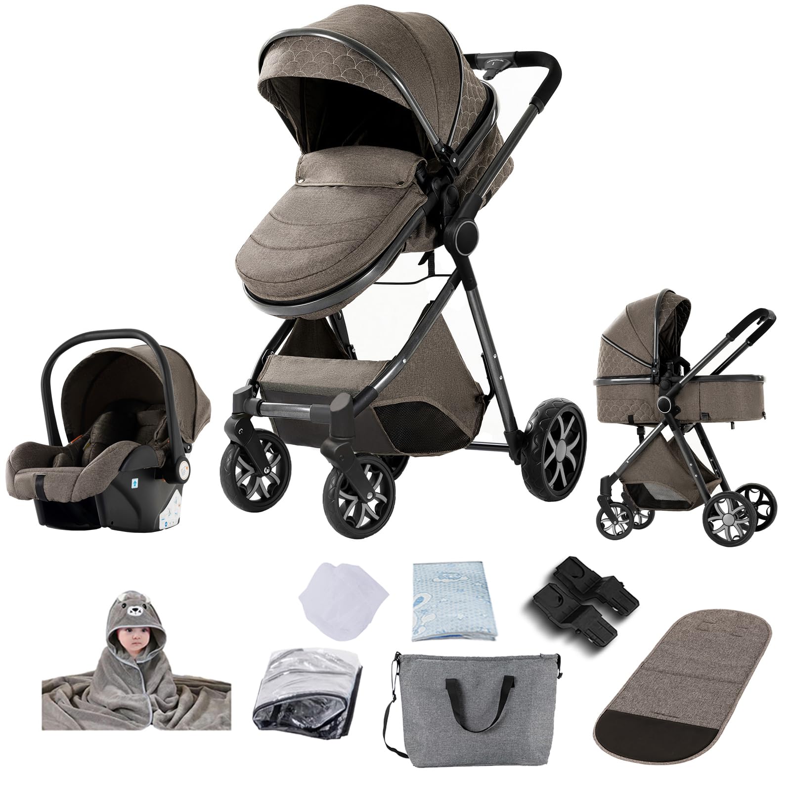 Kinderwagen 3 in 1, Buggy mit Ein-Klick-Faltdesign, Kinderwagen mit Zwei Umkehrbaren Schiebemodi, Kombikinderwagen 3 in 1 Komplettset mit Rahmen Aluminiumlegierung (V9 Chocolate)