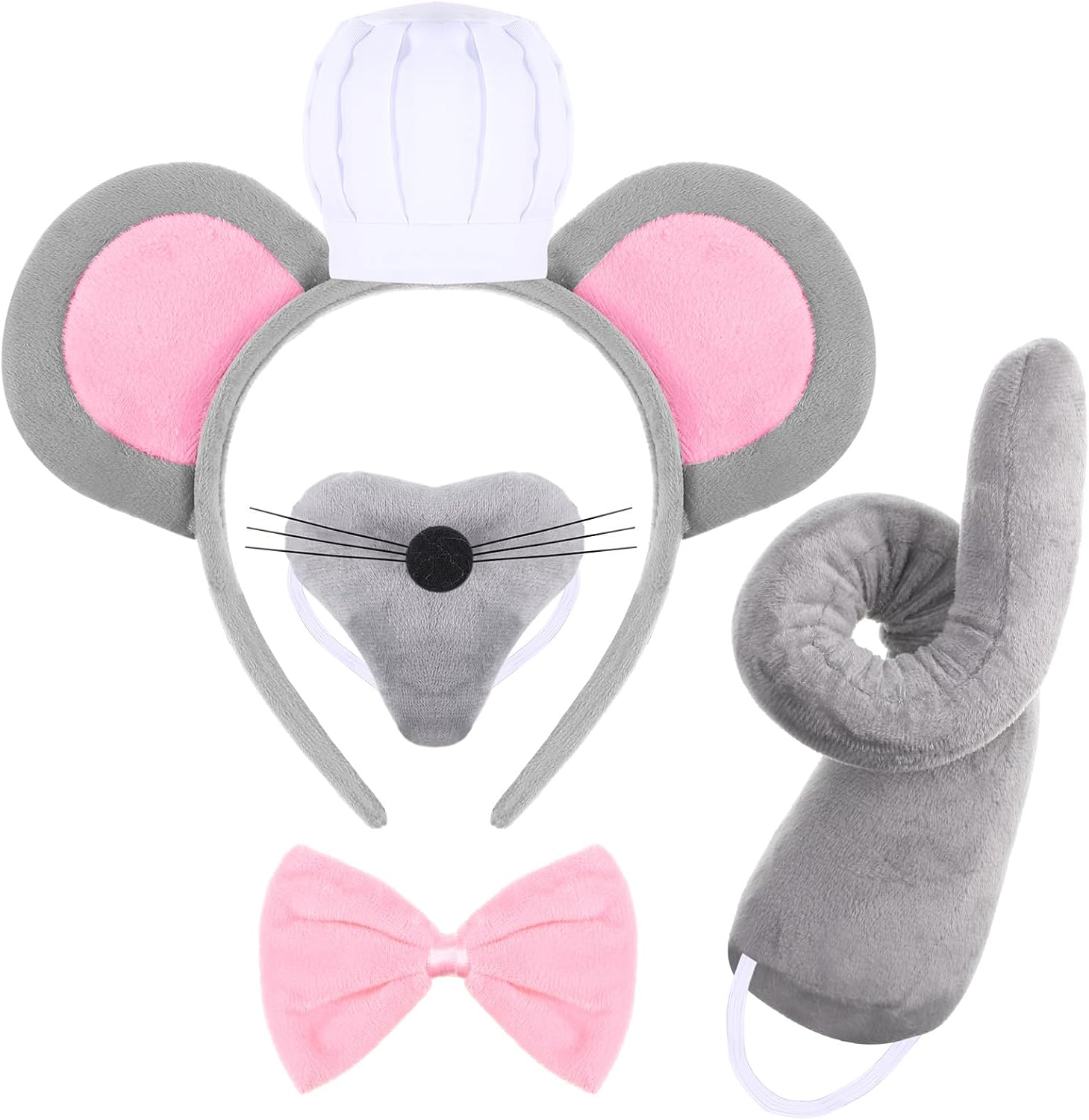 Sintege 5 Pcs Rat Costume Set Ears Headband Mouse Nose Tail Bowtie Chef Hat Rat Costume Accessories for Mardi Gras (Grey)