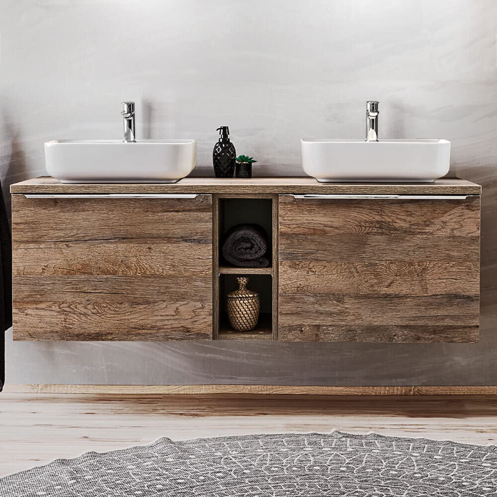 Lomadox Set Completo Mobili Bagno - 81 Cm Lavabo In Ceramica, Armadio A Specchio Con LED E 3 Pensili, Rovere Wotan
