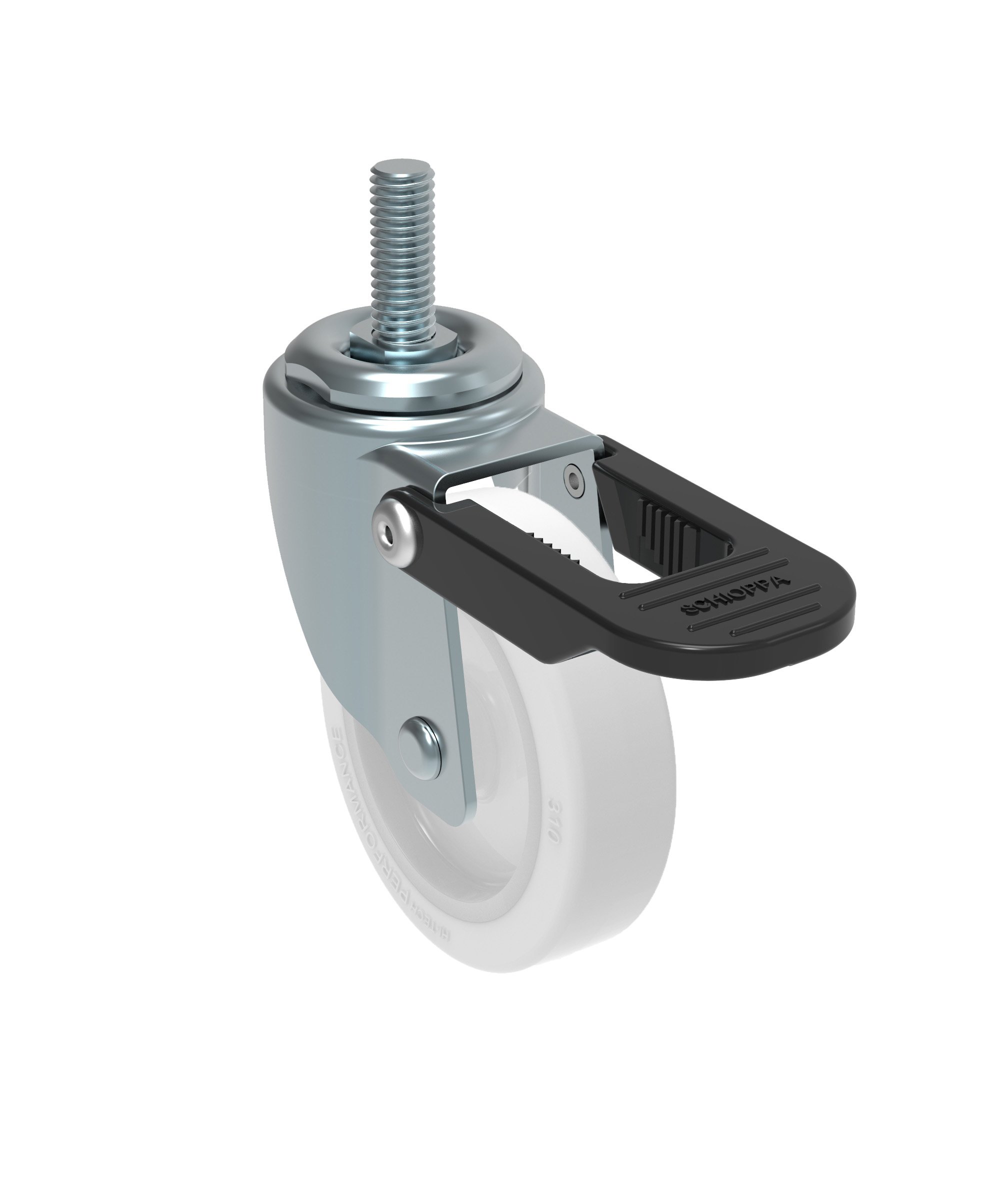 SchioppaL10 Series, GLEEF 310 Citrus White FPI, Swivel Brake Caster, 3" (75 mm) Non-Marking Polyethylene Wheel, 90 lbs, 3/8" Diameter x 1-1/2" Length Threaded Stem