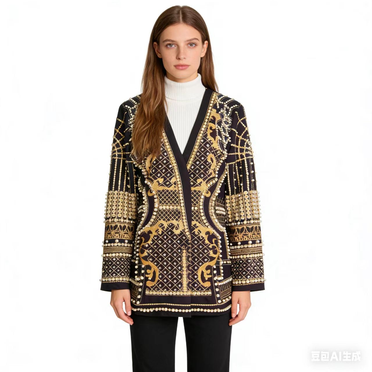 Womens Embellished Beaded Blazer Jacket Black and White Geometric Pattern Long Sleeve V-Neck Sizes S-3XL US Alpha Small
