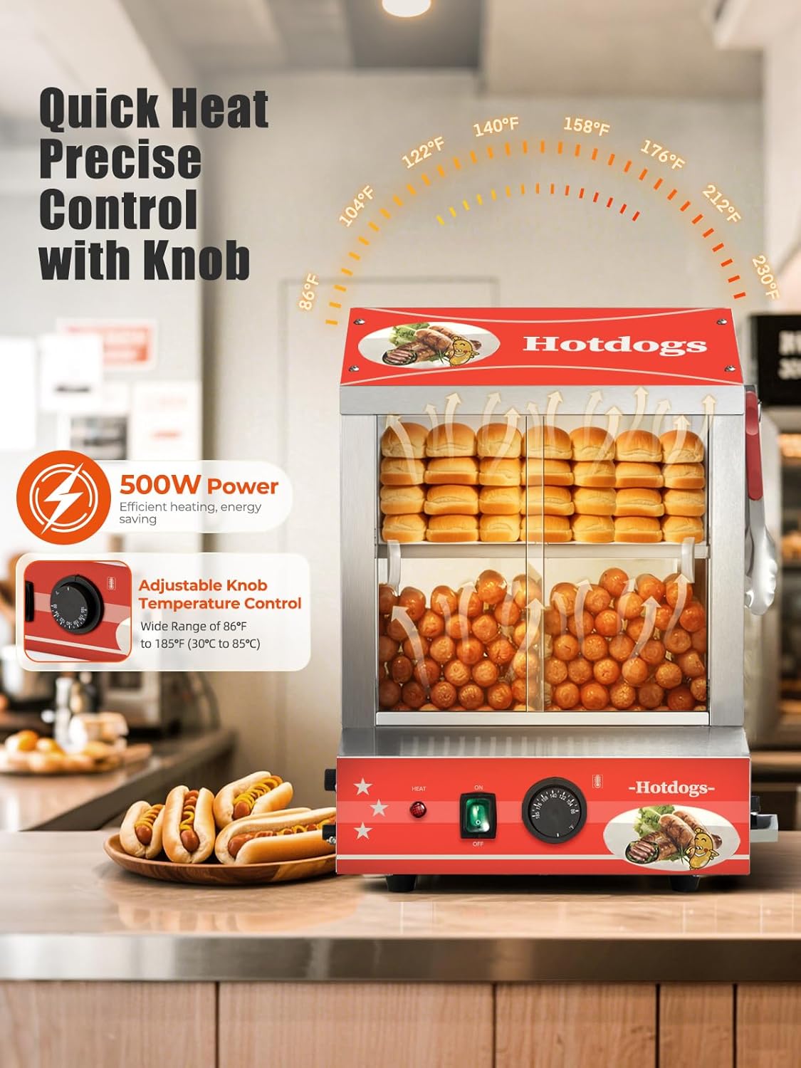 Hot Dog Steamer 28.5QT, FOHERE 2-Tier Hot Dog Machine with Bun Warmer, 175 Hot Dogs & 40 Buns Capacity, Electric Hot Dog Bun Warmer with Visible Glass Sliding Door & Clip, 86℉-185℉ Temperature Control