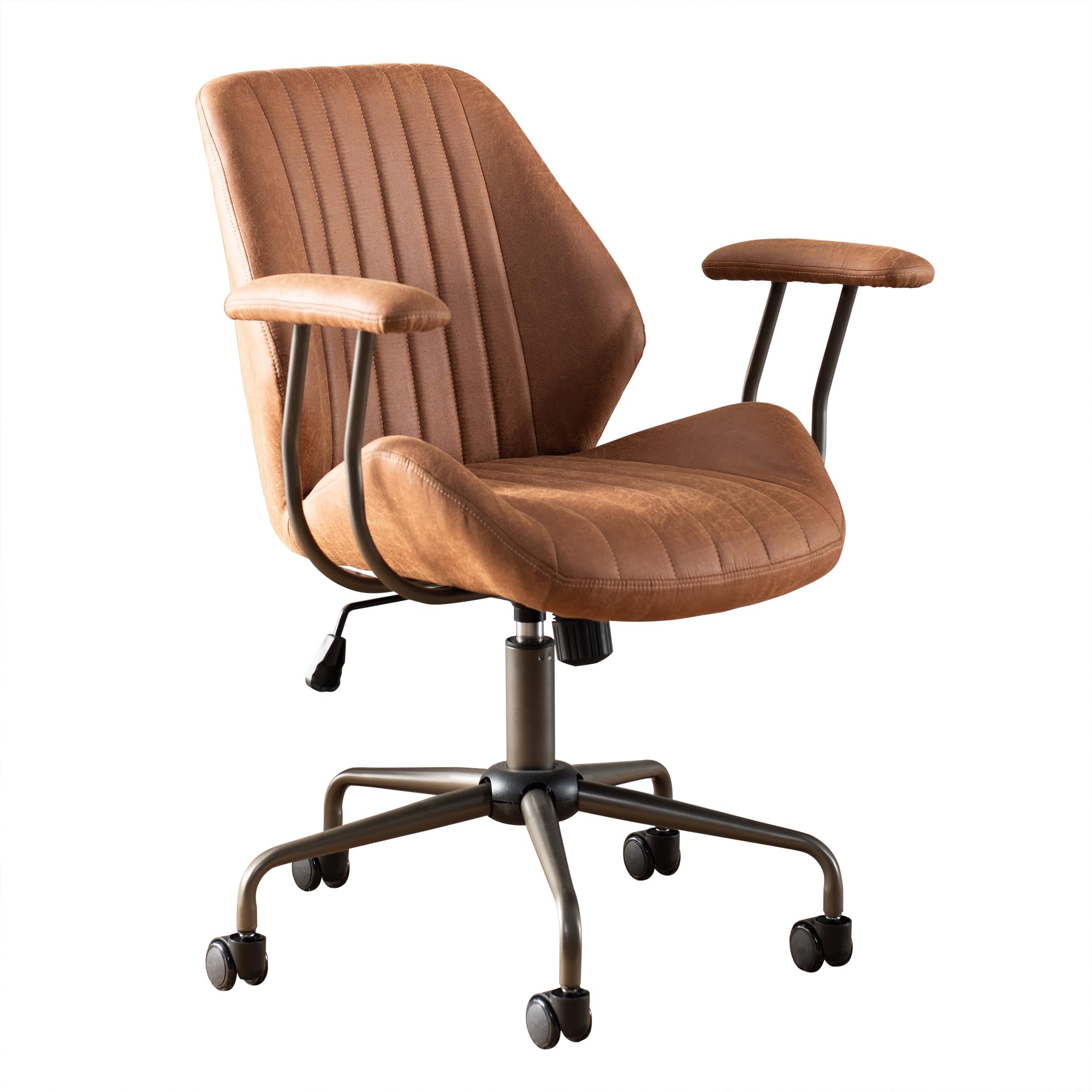 ovios Ergonomic Home Office Chair, Mid-Century Modern Leather Chair, Mid Back Swivel Rolling Executive Chair with Armrest Wheels, Comfy Task Computer Desk Chair (Brown, Suede Leather)