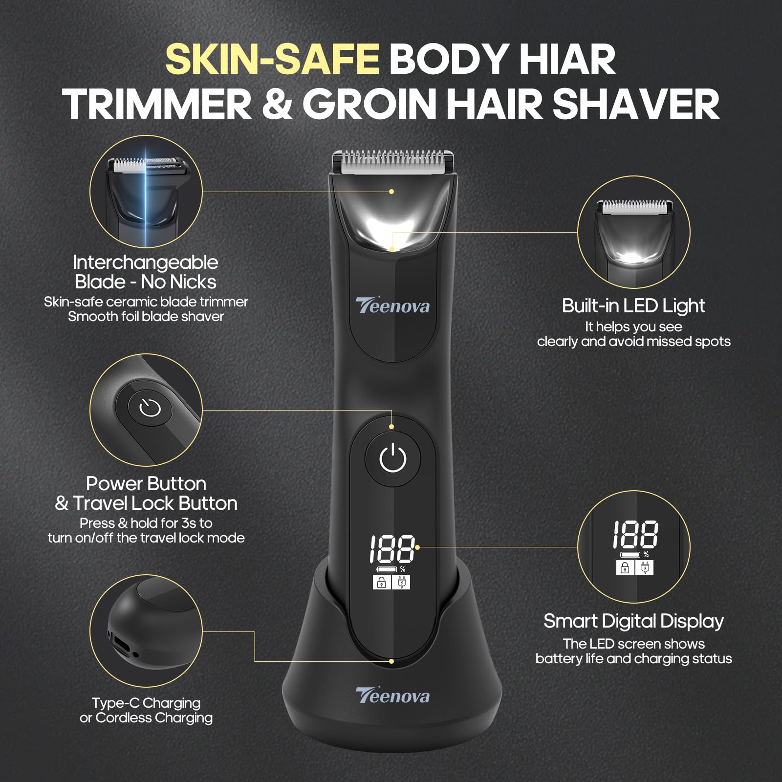 Manscape Body Hair Trimmer for Men, No Nick Pubic Bikini Trimmer for Women, 3 in 1 Versatile Groin Shaver with Nose Hair Trimmer, Cordless Dock Charging, LED Display, Wet/Dry Grommer (Black)