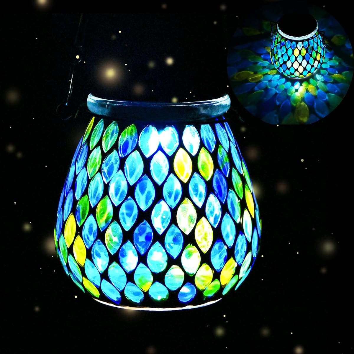 Mosaic Blue Solar Lanterns, Outdoor Glass Hanging Lights, Waterproof, Solar
