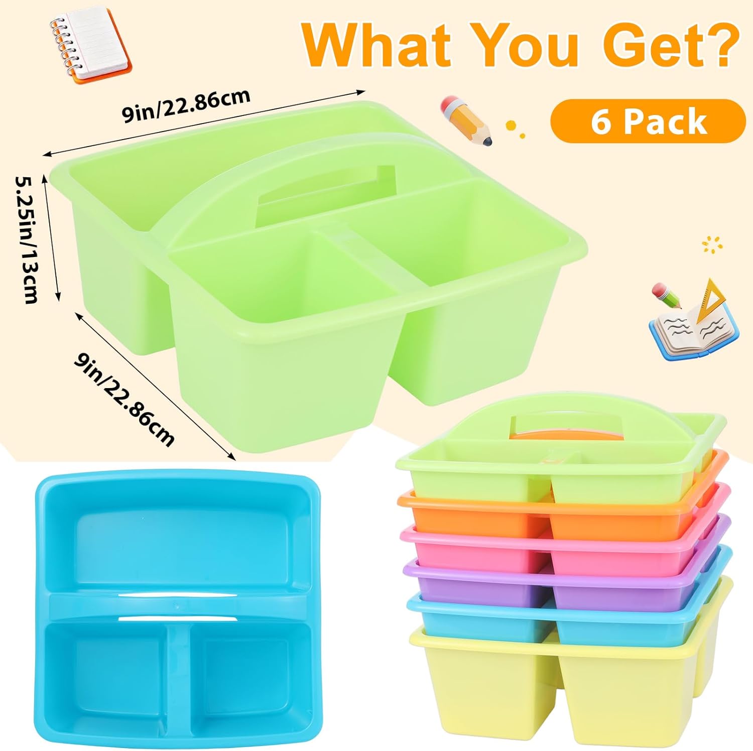 6 Pack Classroom Caddy with Handle Plastic Storage Caddy Organizer with 3 Compartments Desk Caddies Holder Portable Storage Bin for Pencil, Crayon, Marker, Home, Office, School Supply(Colorful)