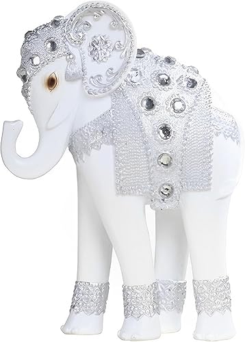 ICE ARMOR Elefante de patas largas de pie de 7 pulgadas de alto con gema decorativa, elefante delgado en plata Feng Shui decoración figura