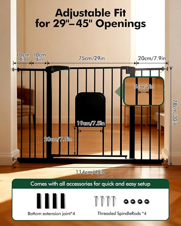 Pet Gate with Adjustable Cat Door, 31–46 Inch Pressure Mounted Dog Gate for Doorways, Stairs and Hallways, Auto Close Walk Through Metal Gate, No Drilling, Black by dearlomum - Used condition - Image 5