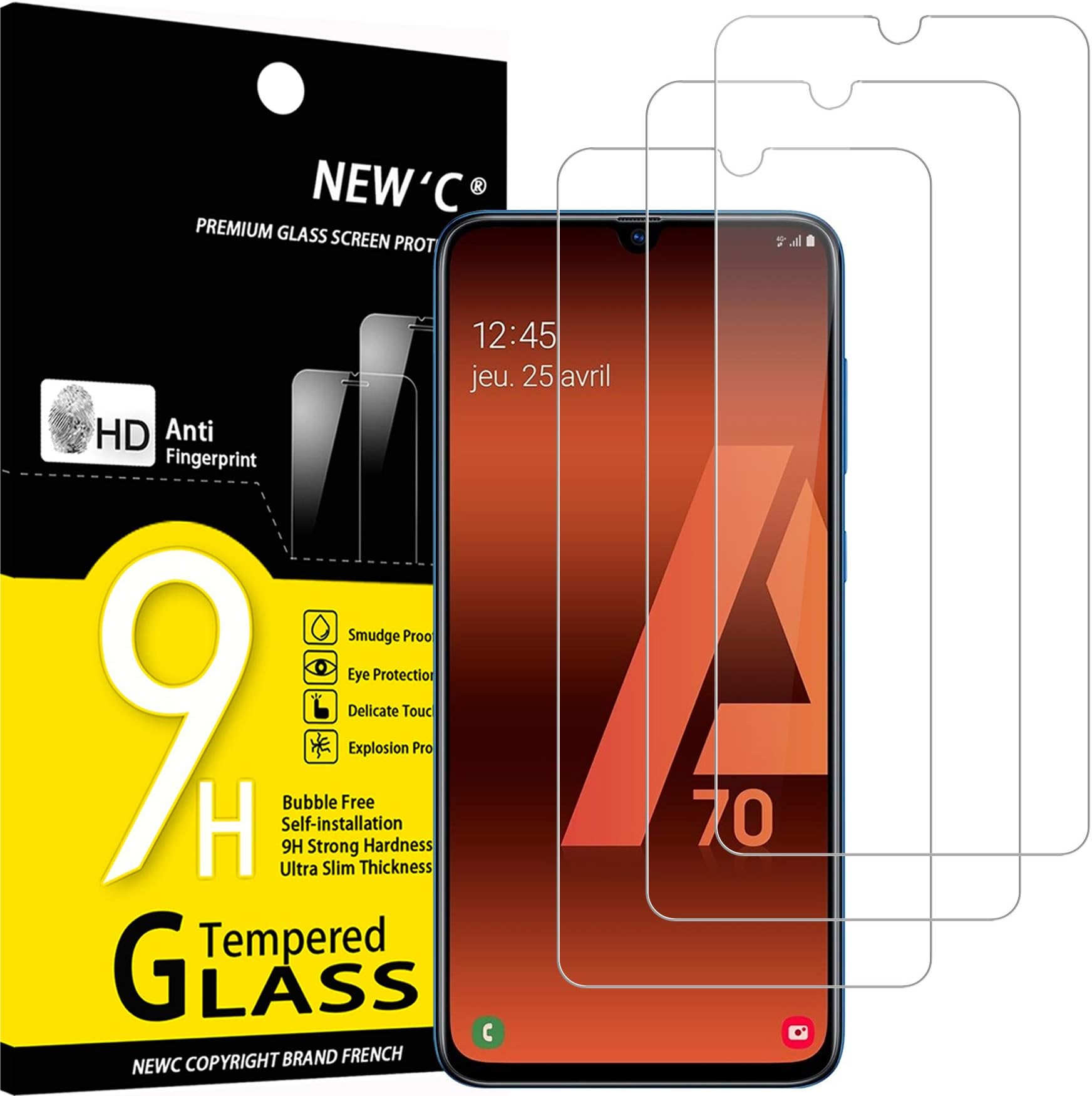 NEW'C 3 Pack Designed for Samsung Galaxy A70 Screen Protector Tempered Glass, Case Friendly Anti Scratch Bubble Free Ultra ResistantClimatePartner certified