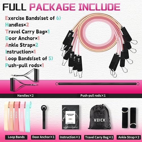 Miniatura 2 de VEICK Pilates Bar Kit with Resistance Bands, Elastic Workout Bands for Men Women, Set of 5 Resistance Loop Bands for Home Fitness Stretching