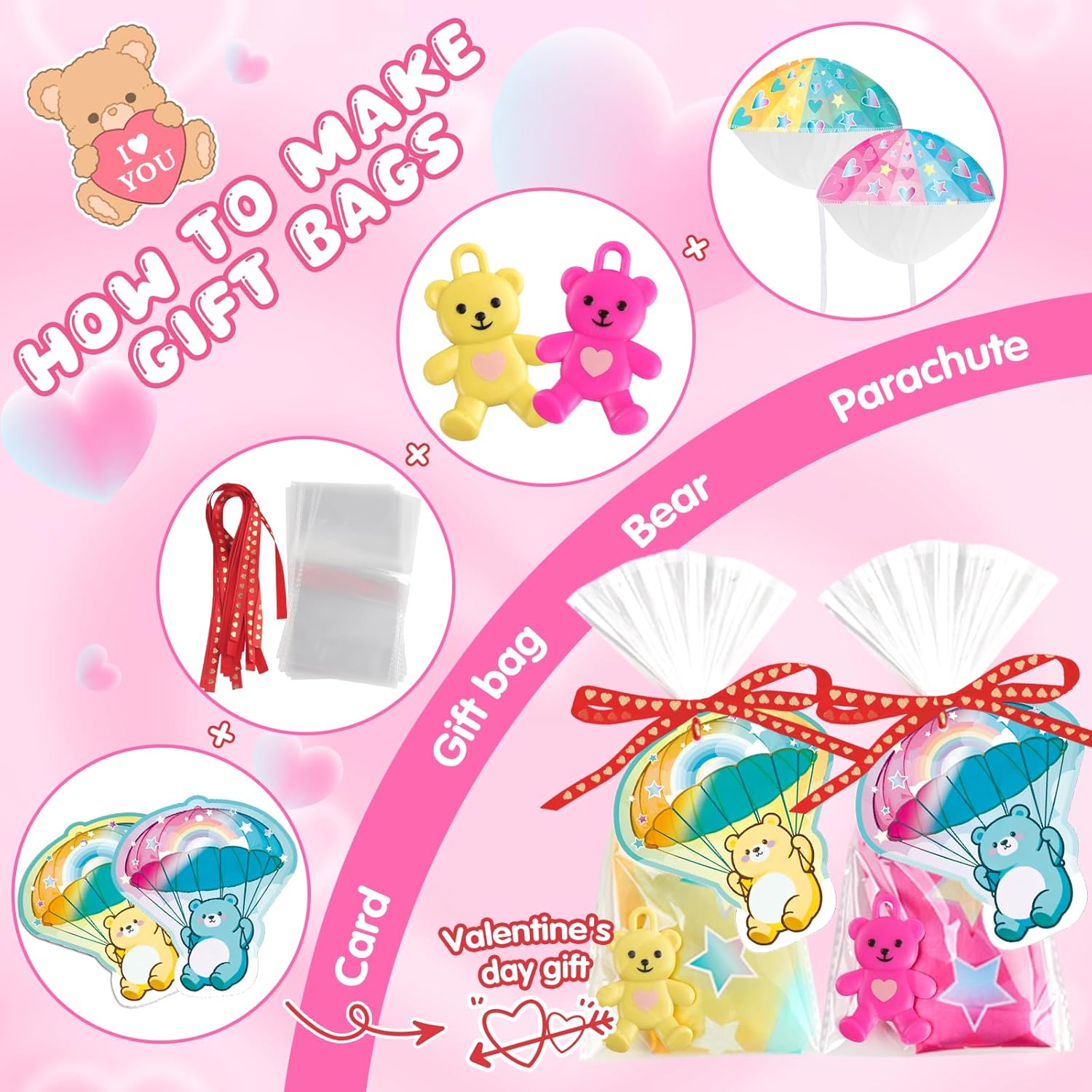 Valentines Day Gifts for Kids: 24Pcs Parachute Toys Cute Bear Hand Throwing Toys with Gift Cards, Outdoor Flying Toys for Girls Boys Ages 3-12 Valentines Party Favors Classroom School Exchange Prize