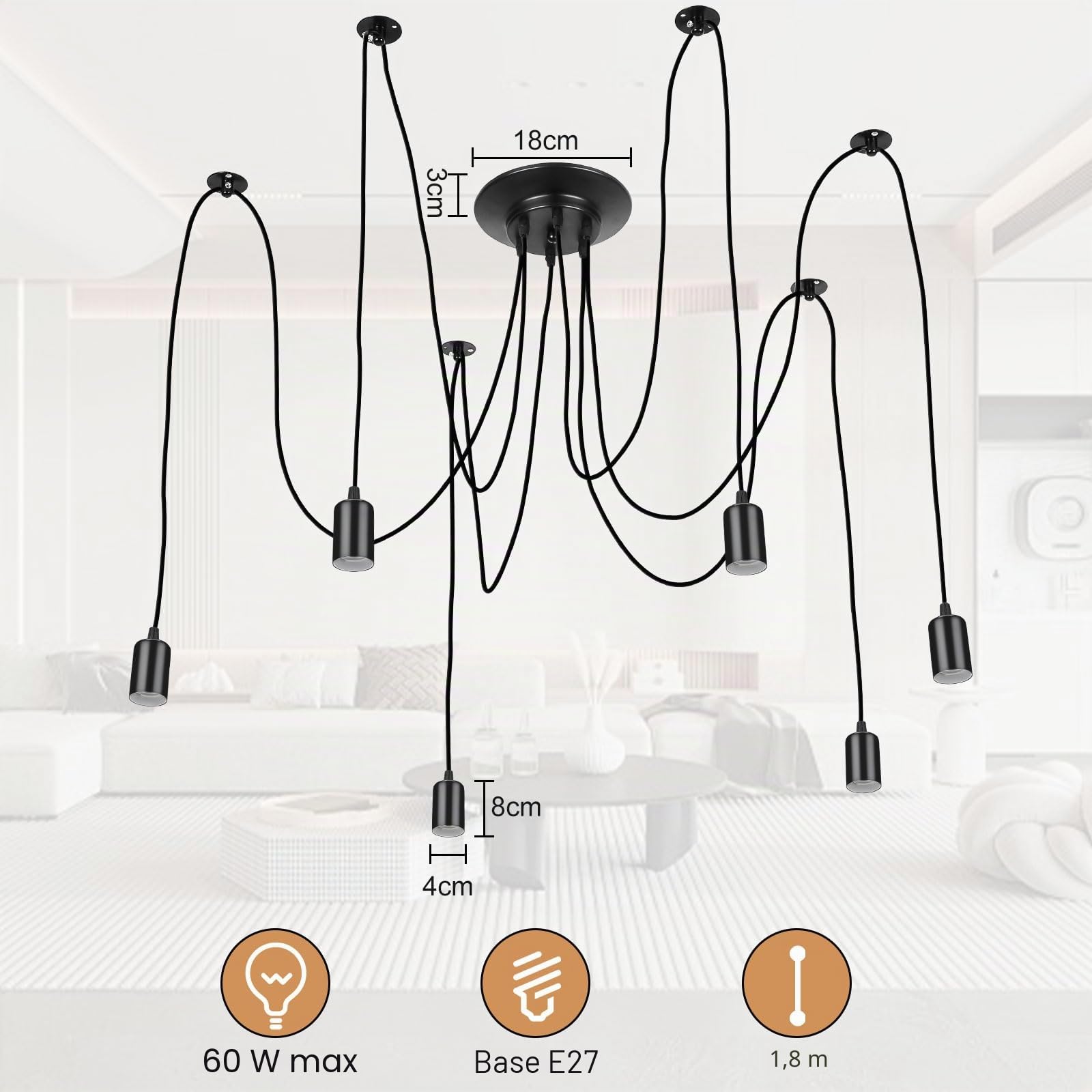 Lightess Lampadario a Ragno 6 Luci, Lampade a Sospensione Nero Industrial Lampadario Pendente Moderne Lampadari Soffitto Vintage per Camera da Letto Soggiorno