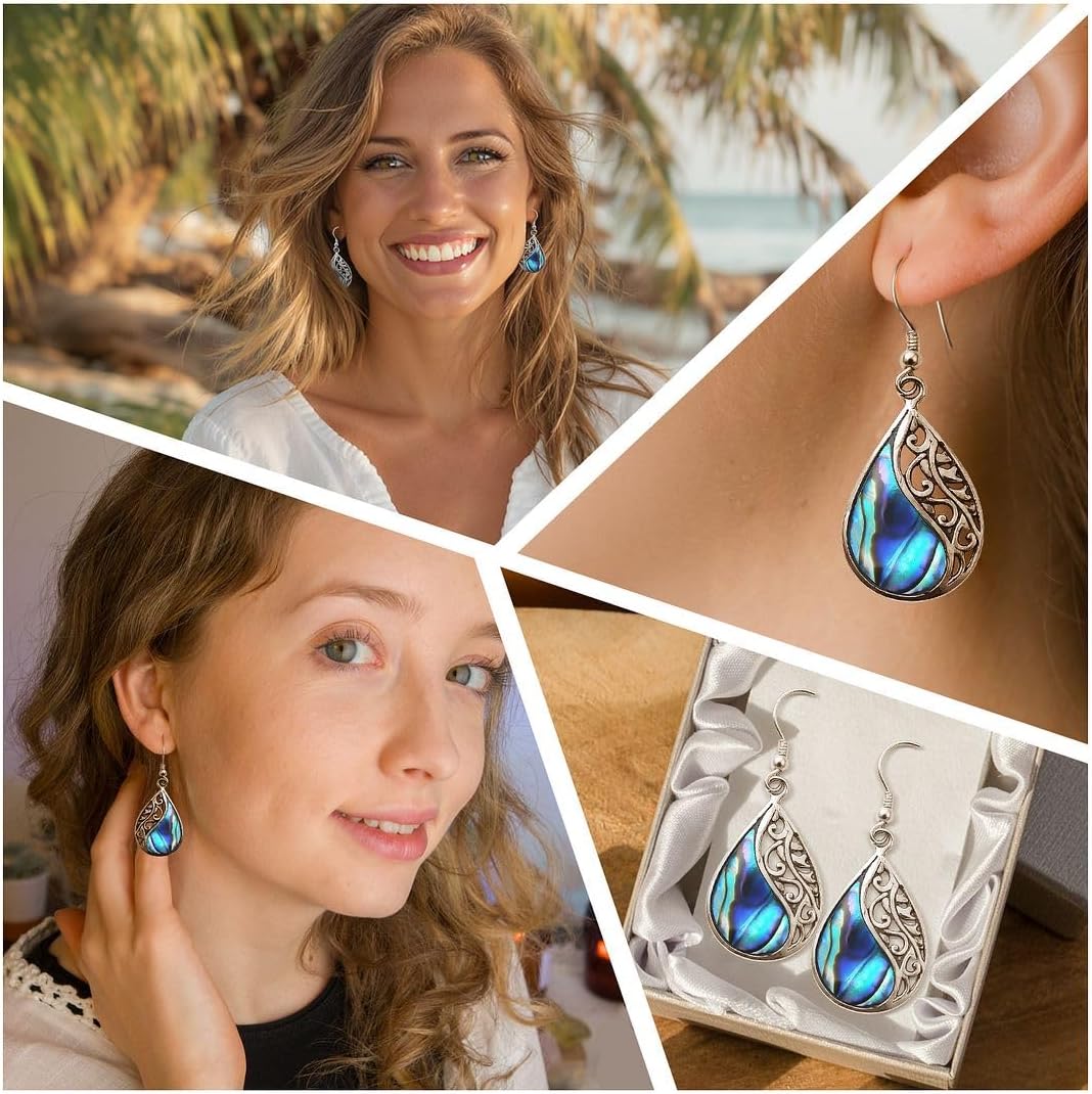 Abalone Shell Dangle Earrings for Women 925 Sterling Silver - Fashionable Beach Abalone Earrings - Boho Jewelry Gifts