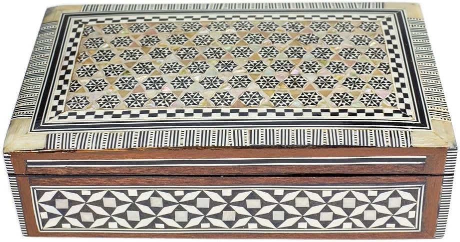 Arts of Egypt- Elegant Handcrafted Egyptian Decorative Mosaic Jewelry Trinket Box Inlaid Mother of Pearl for Jewelry Collectibles Coins Gift -Size 8 1/4" x 5 1/8" x 2 1/4" H