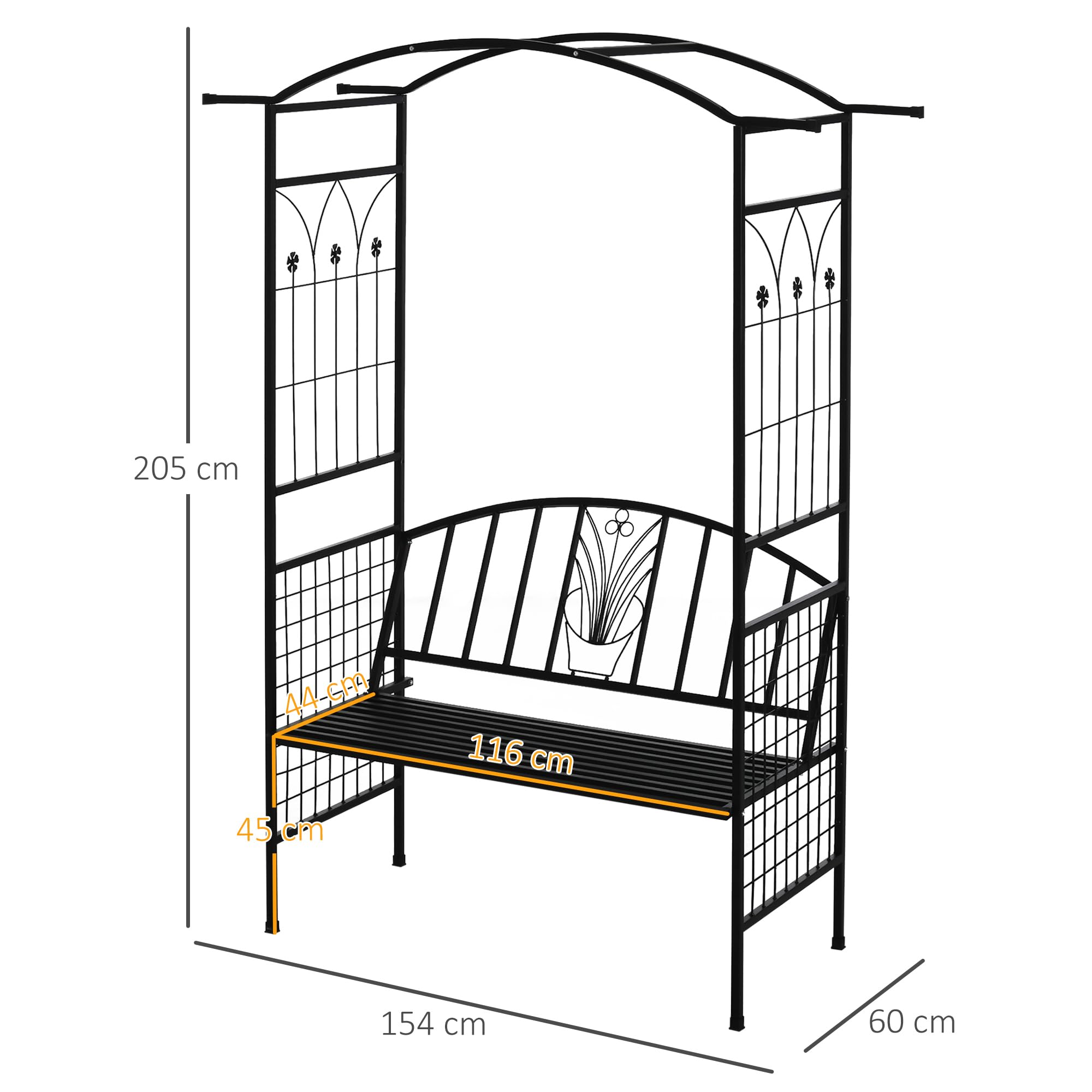 Outsunny Pflanzbogen mit Bank Sitzbank Torbogen Rankgitter Rankhilfe Garten Bogendach Metall Schwarz 154 x 60 x 205 cm