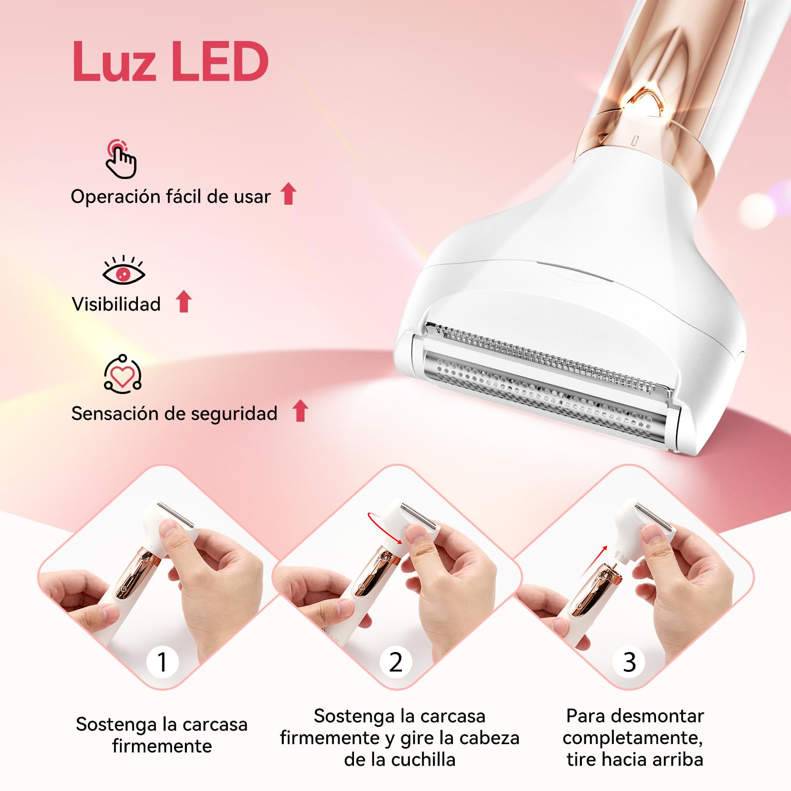 4 en 1 Afeitadora Eléctrica para Mujer, ANLAN Depiladora facial mujer, IPX6 carga rápida Type-C, luz LED, para rostro, cuerpo, cejas, zona del bikini y zonas íntimas