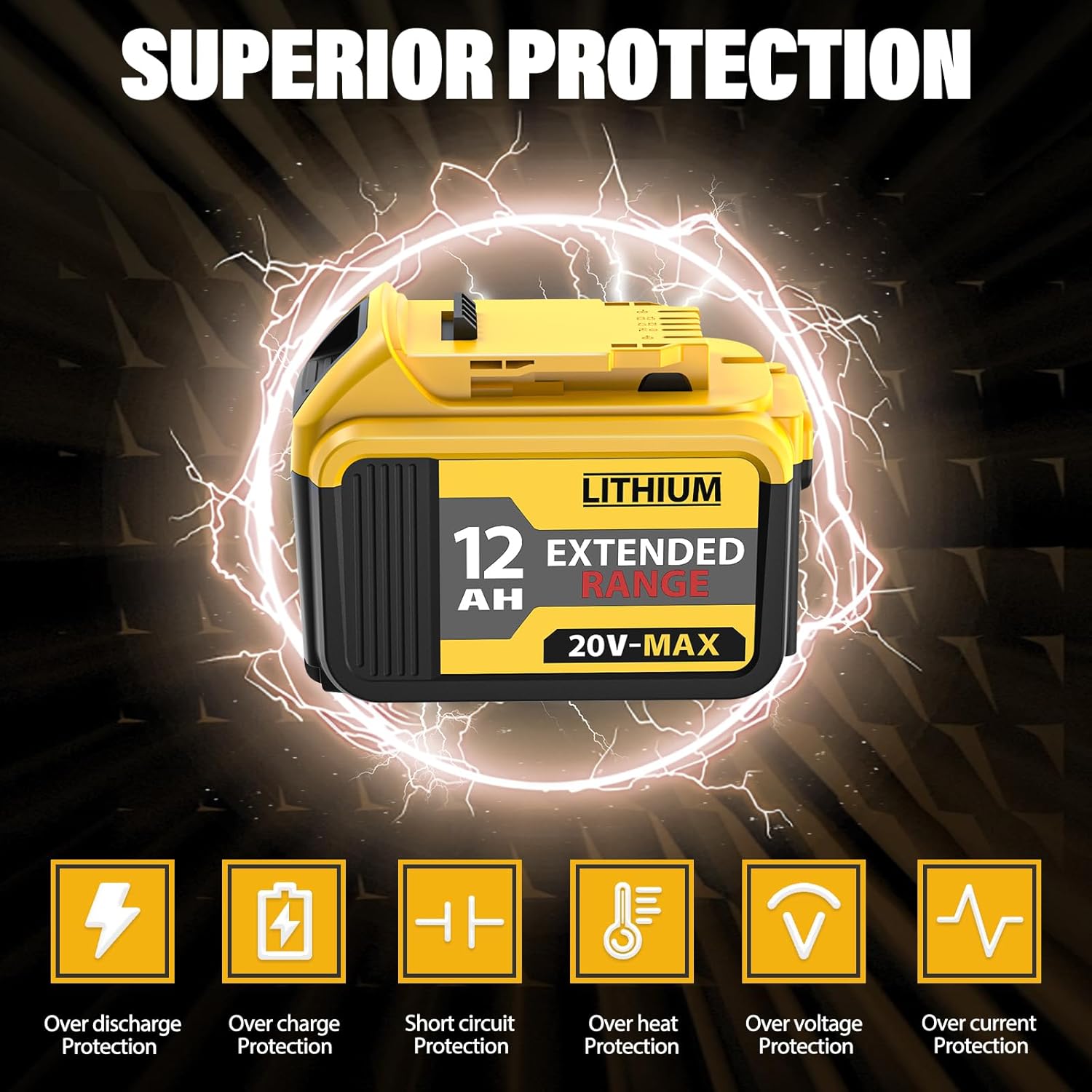 2 Packs 12000mAh Replacement for Dewalt 20V MAX Battery, High-Capacity Lithium-Ion Battery Compatible with Dewalt DCB200 DCB201 DCB203 DCB204 DCB205 DCB206 DCB207 Series 20V Cordless Power Tools - Image 3