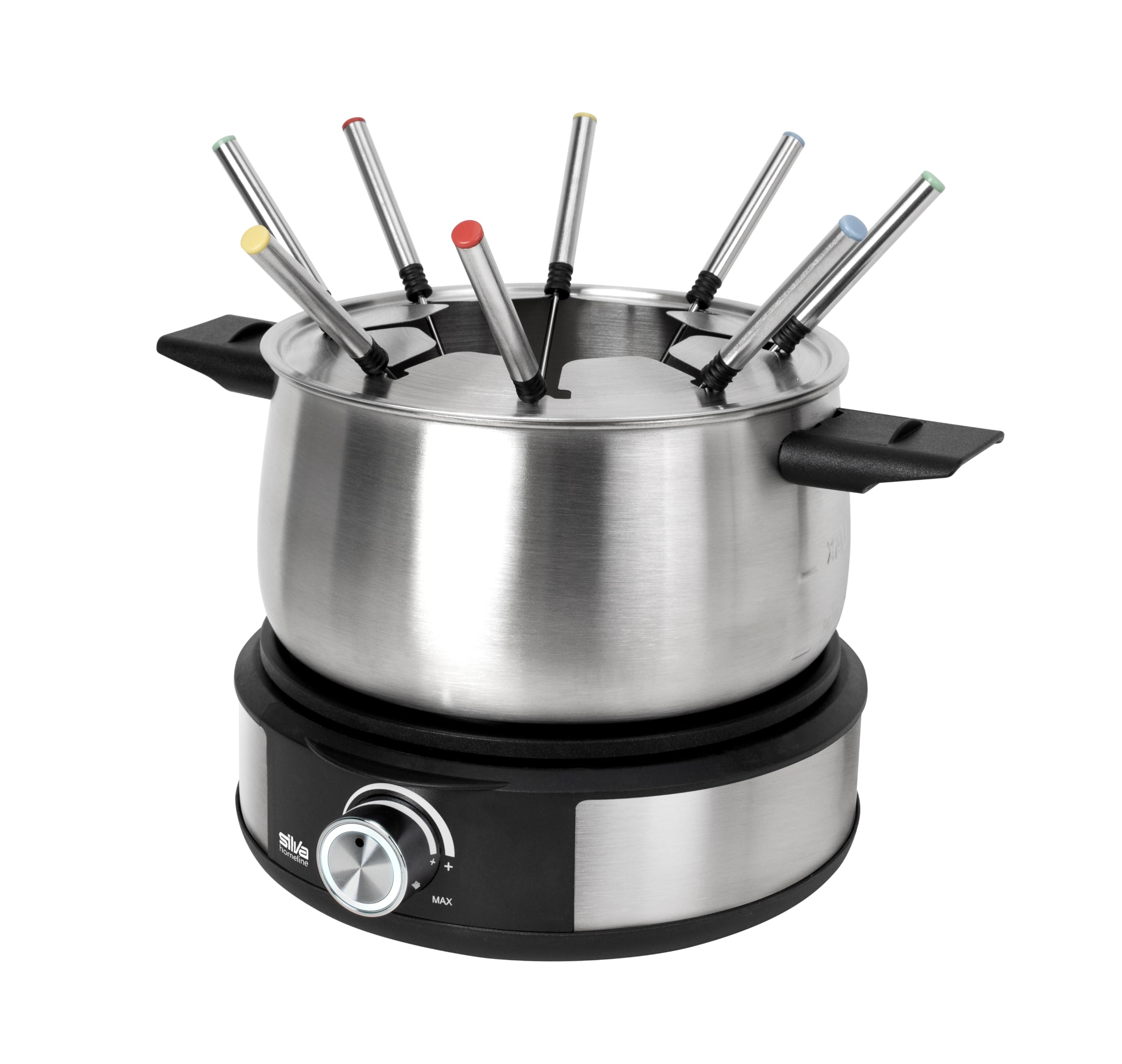 Silva Schneider Elektro-Fondue PK-F 140 | 1500W | 1,4 l Edelstahl-Topf | Für 8 Personen | Stufenloses Thermostat | Überhitzungsschutz | Rutschfeste Standfüße