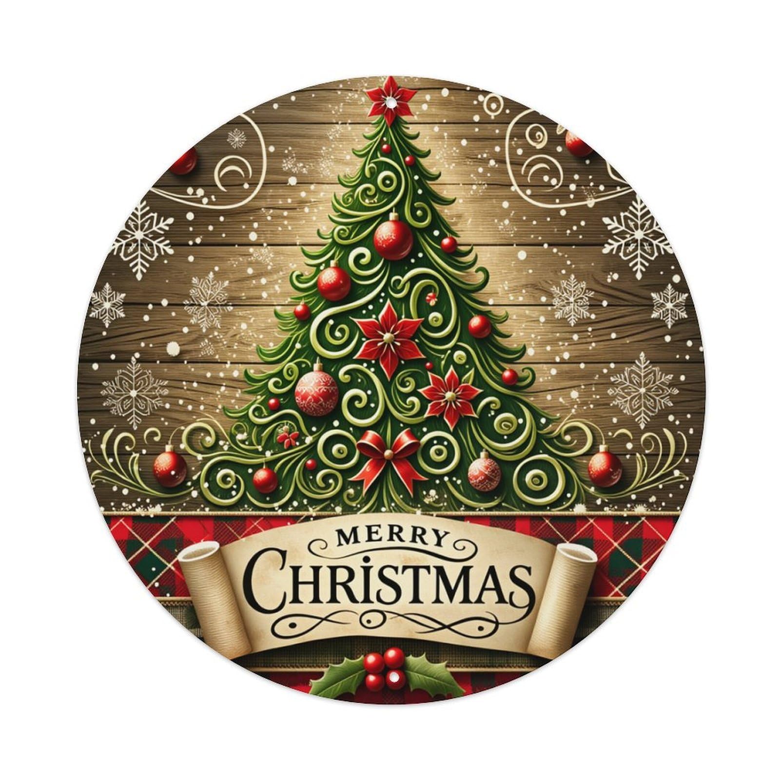 Christmas Tree Ornament Pattern Round Tin Sign Retro Metal Sign for Cafe Bar Pub Home Game Room Gym Club Wall Decoration Vintage Metal Poster 8x8 Inch